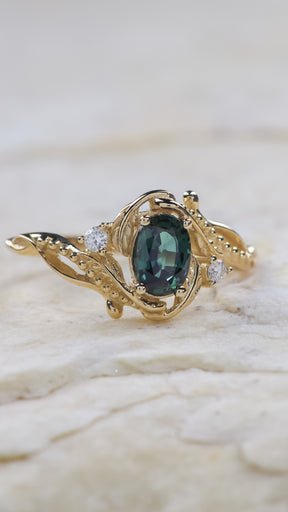 Oval teal sapphire engagement ring with diamonds / Undina - Eden Garden Jewelry™
