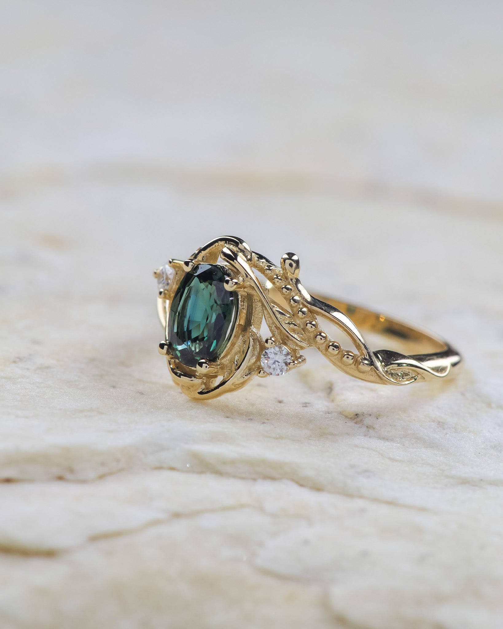 Oval teal sapphire engagement ring with diamonds / Undina - Eden Garden Jewelry™