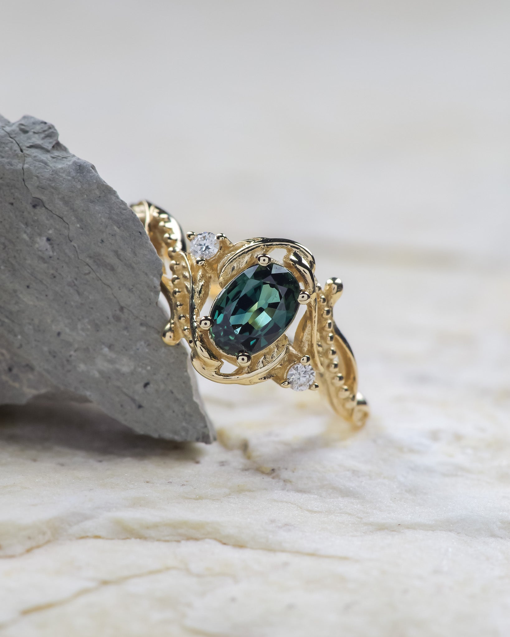 Oval teal sapphire engagement ring with diamonds / Undina - Eden Garden Jewelry™