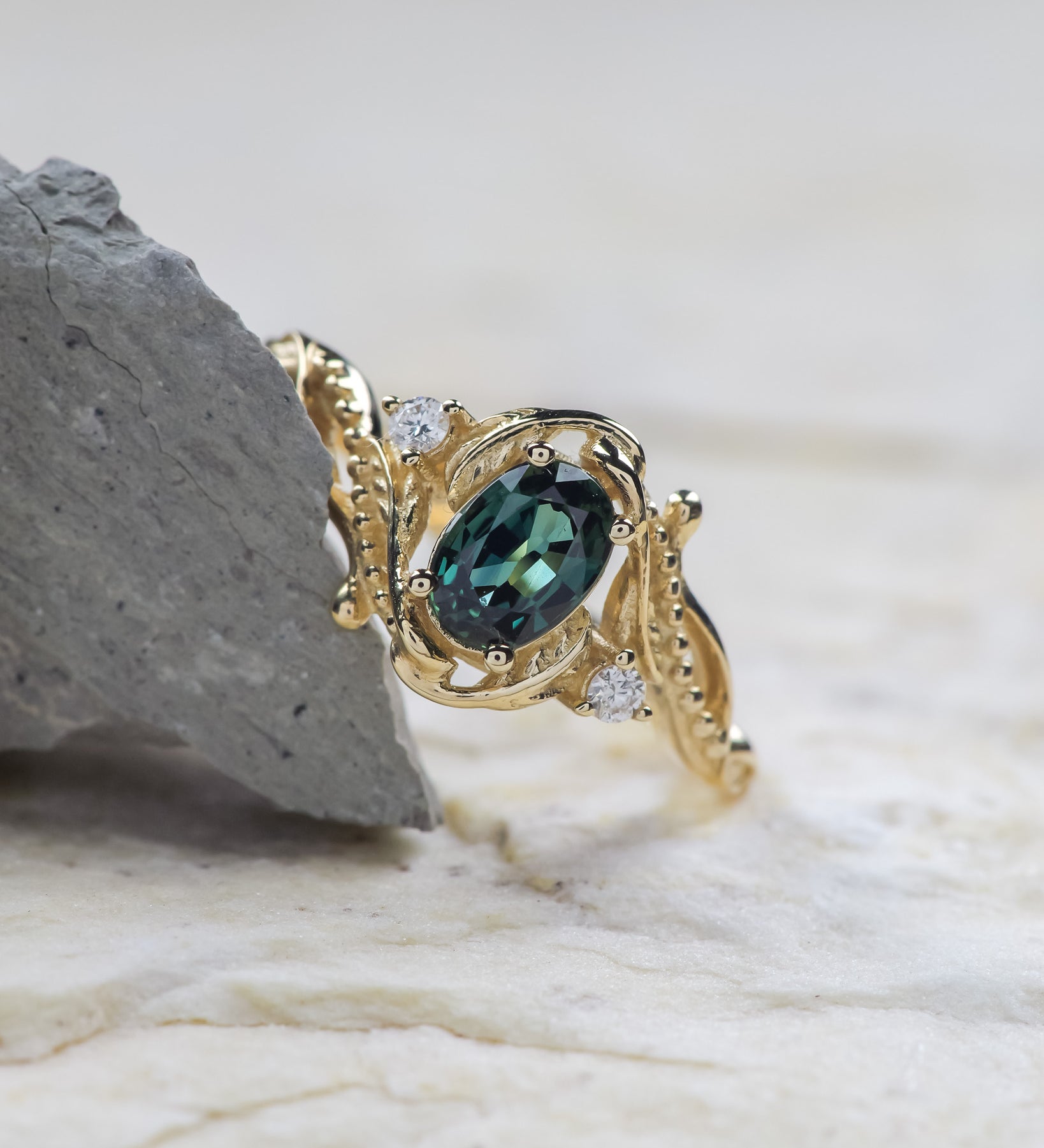 READY TO SHIP: Undina ring in 14K yellow gold, natural teal sapphire oval cut 7x5 mm, natural diamonds, AVAILABLE RING SIZES: 5.5 - 8.5 US - Eden Garden Jewelry™