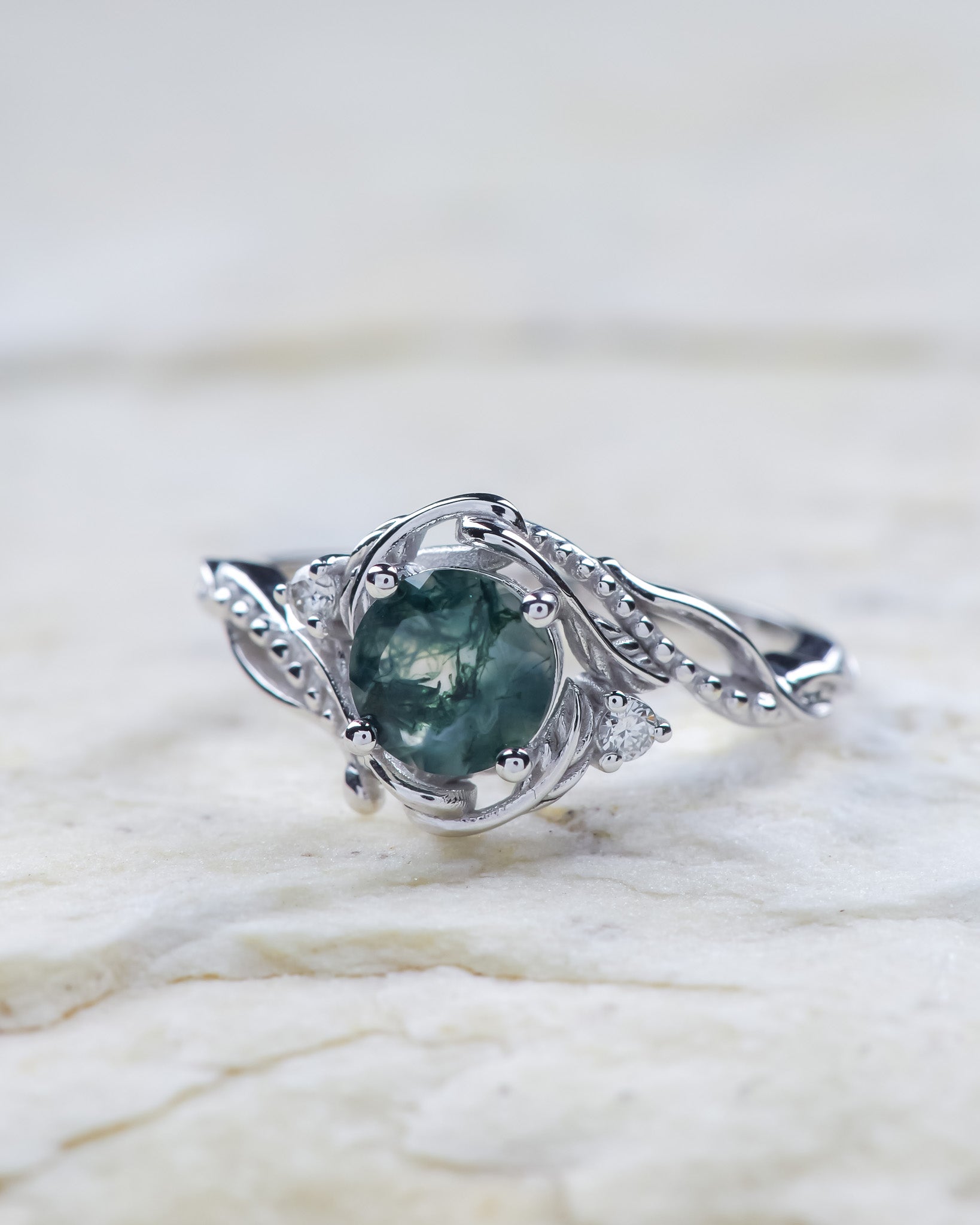 Natural moss agate engagement ring with accent diamonds, nature themed proposal gold ring with diamonds  / Undina - Eden Garden Jewelry™