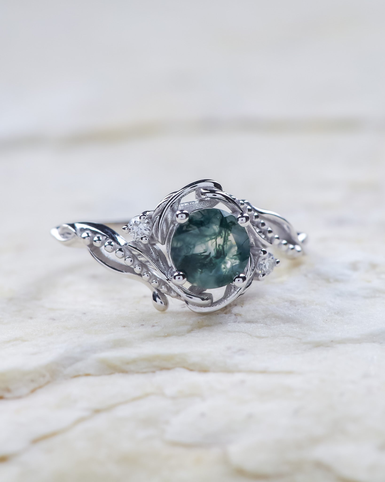 Natural moss agate engagement ring with accent diamonds, nature themed proposal gold ring with diamonds  / Undina