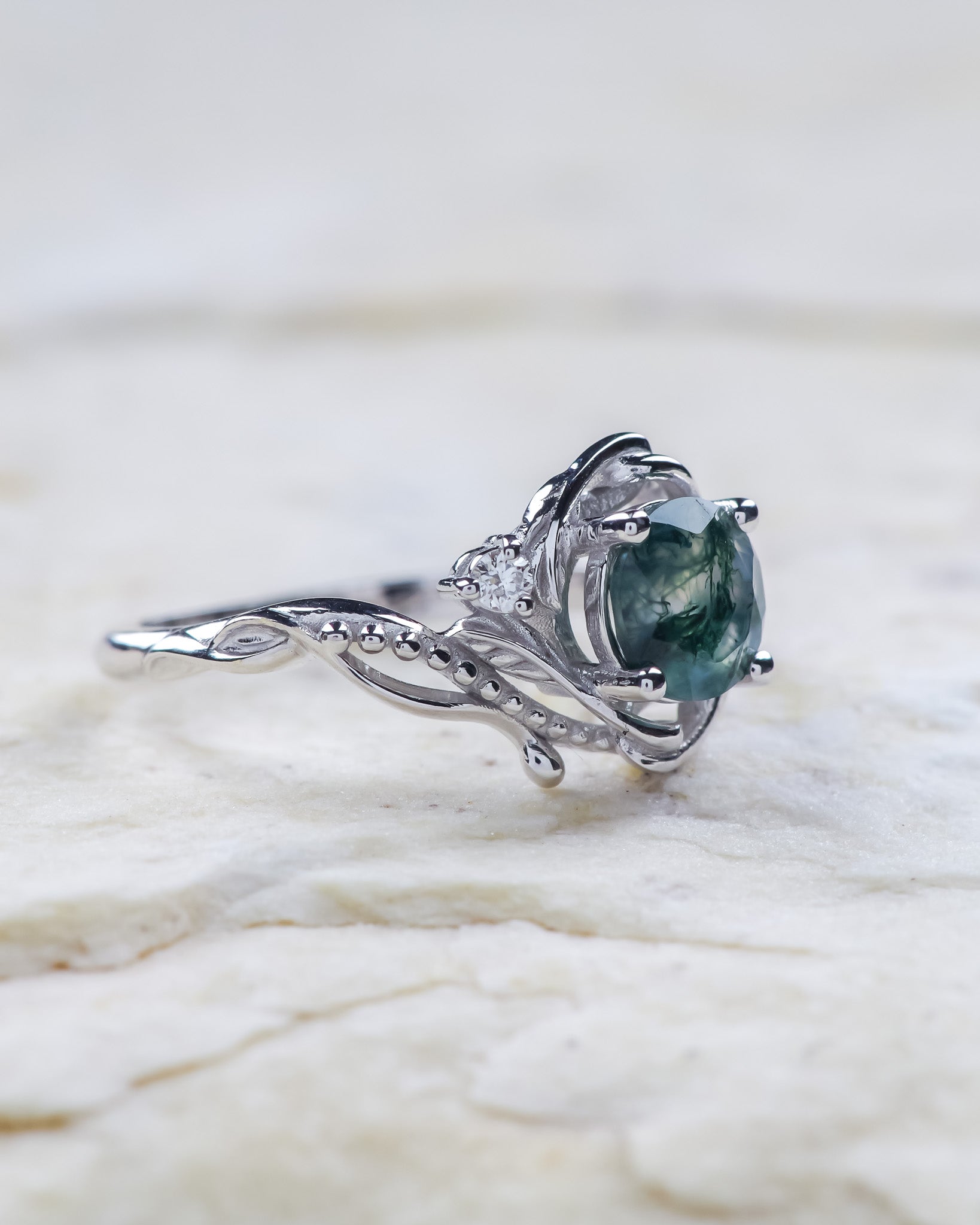 Natural moss agate engagement ring with accent diamonds, nature themed proposal gold ring with diamonds  / Undina - Eden Garden Jewelry™