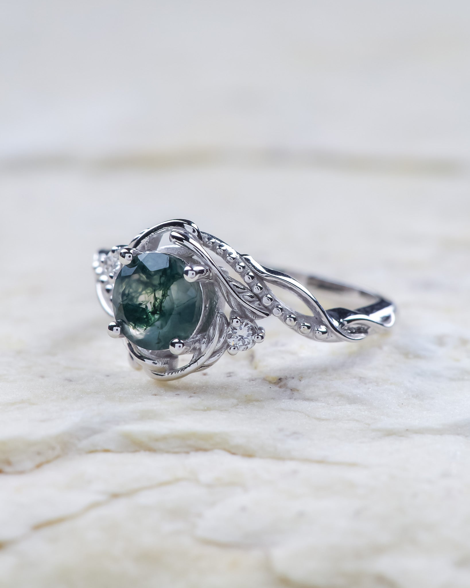 Natural moss agate engagement ring with accent diamonds, nature themed proposal gold ring with diamonds  / Undina - Eden Garden Jewelry™