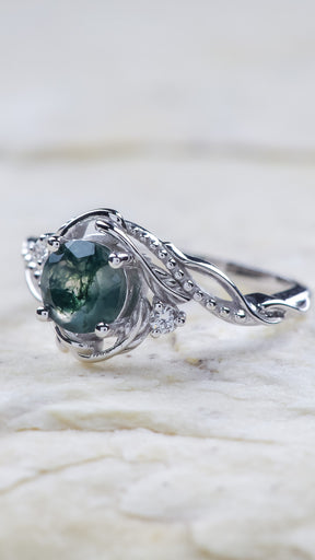 Natural moss agate engagement ring with accent diamonds, nature themed proposal gold ring with diamonds  / Undina - Eden Garden Jewelry™
