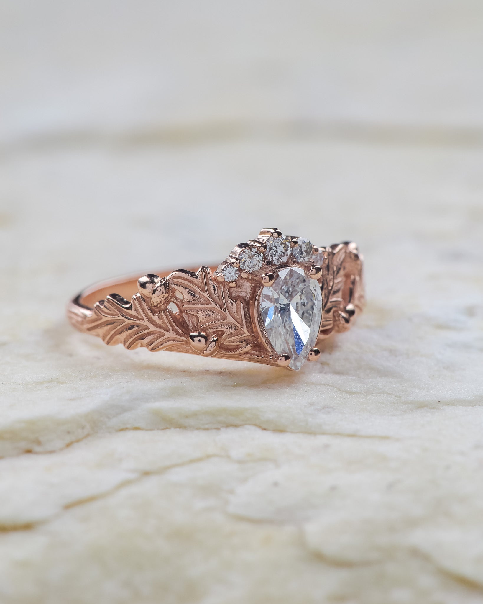 READY TO SHIP: Royal oak ring in 14K rose gold, lab diamond pear cut 7x5 mm, accent natural diamonds, AVAILABLE RING SIZES: 5.5 - 8.5 US - Eden Garden Jewelry™