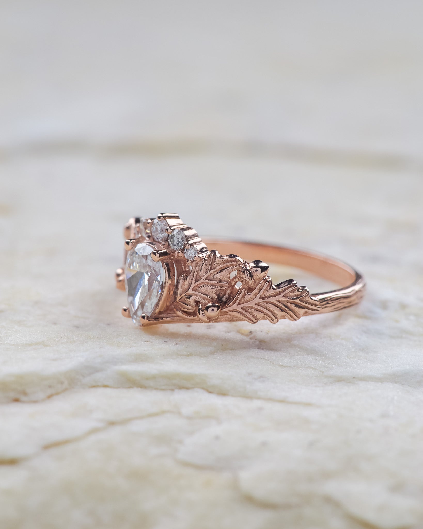 READY TO SHIP: Royal oak ring in 14K rose gold, lab diamond pear cut 7x5 mm, accent natural diamonds, AVAILABLE RING SIZES: 5.5 - 8.5 US - Eden Garden Jewelry™