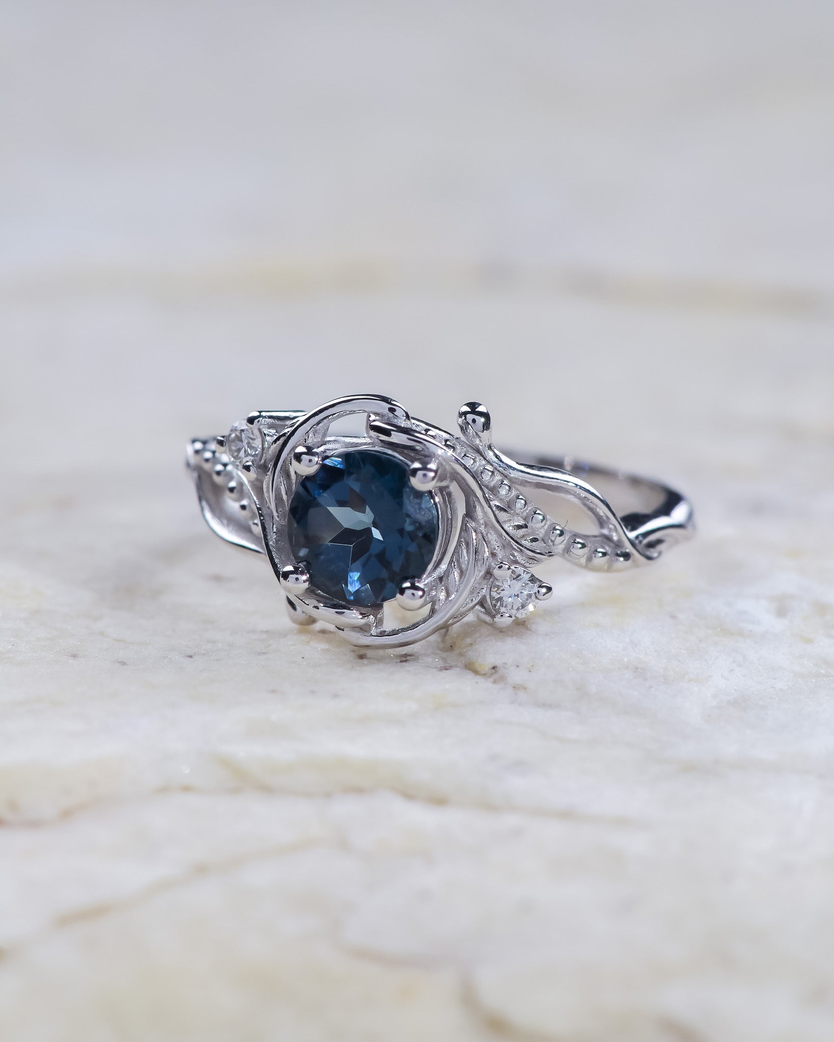 London blue topaz engagement ring, gold nature inspired ring / Undina - Eden Garden Jewelry™