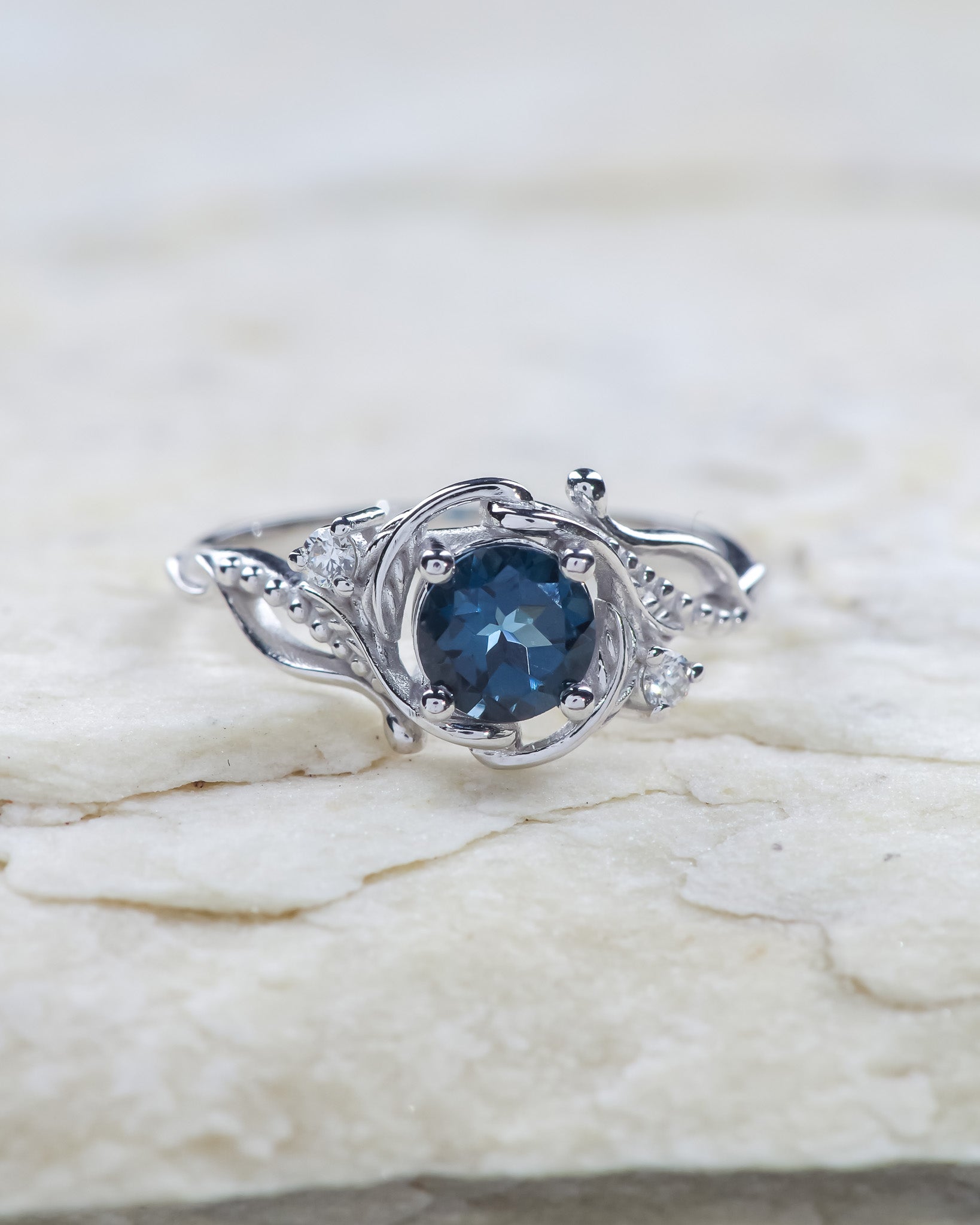 London blue topaz engagement ring, gold nature inspired ring / Undina - Eden Garden Jewelry™