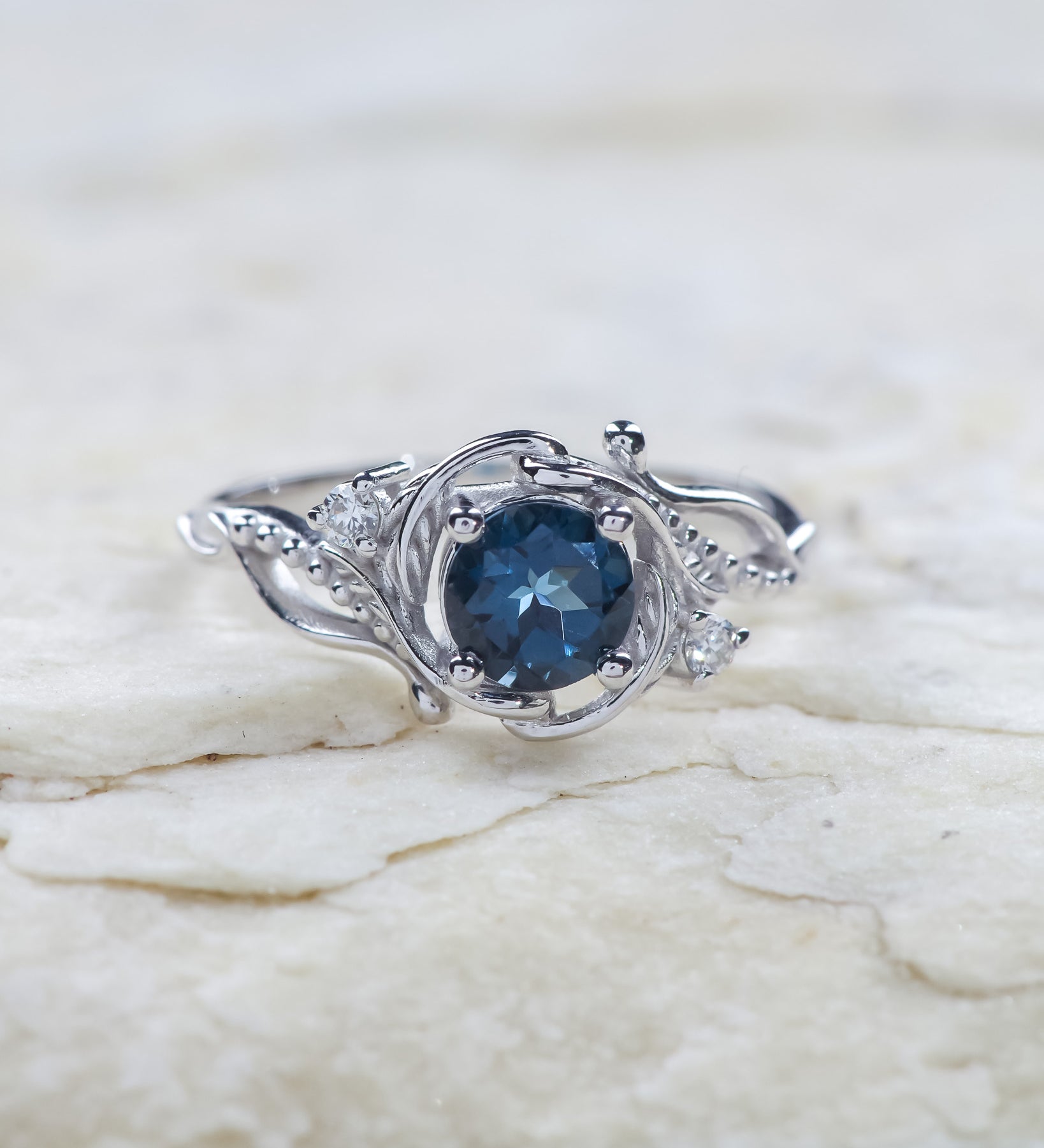 READY TO SHIP: Undina in 14K white gold, natural London Blue topaz, 6 mm, lab grown diamonds, AVAILABLE RING SIZES: 5.5 - 8.5 US - Eden Garden Jewelry™