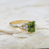 Peridot engagement ring, emerald cut gemstone proposal ring with accent diamonds / Gloria