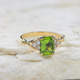 Peridot engagement ring, emerald cut gemstone proposal ring with accent diamonds / Gloria