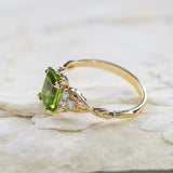 Peridot engagement ring, emerald cut gemstone proposal ring with accent diamonds / Gloria