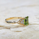 Peridot engagement ring, emerald cut gemstone proposal ring with accent diamonds / Gloria