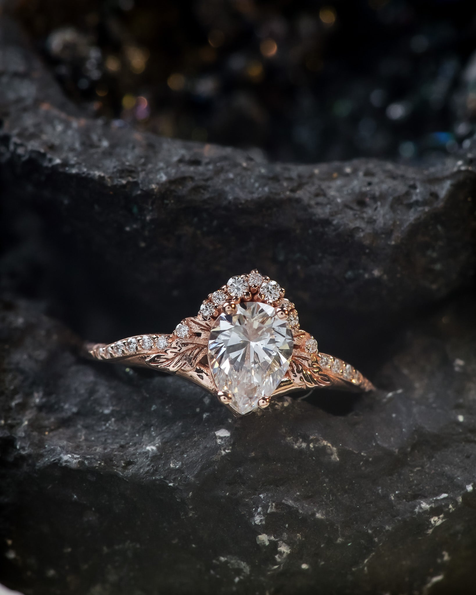 Lab grown diamond engagement ring set, rose gold leaves and diamonds crown bridal ring set / Amelia - Eden Garden Jewelry™
