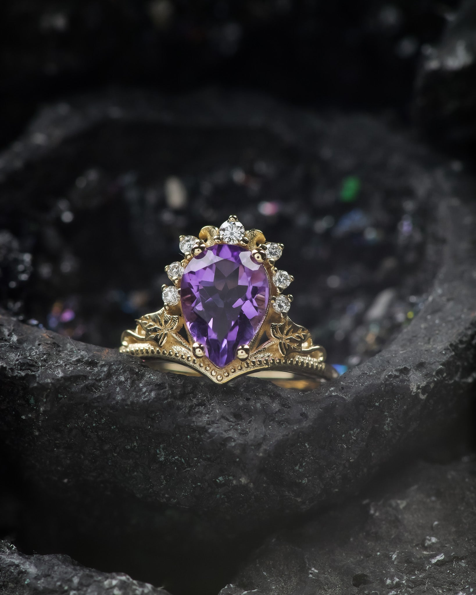 Amethyst and diamonds engagement ring, big pear gemstone gold ring / Ariadne - Eden Garden Jewelry™