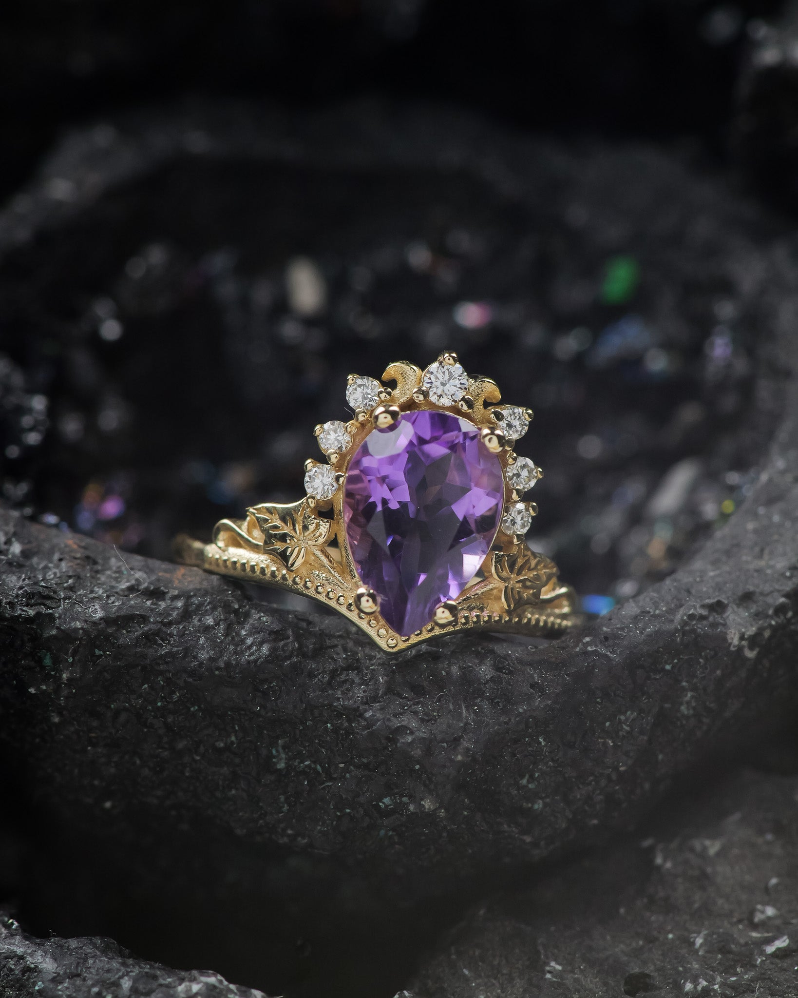 Amethyst and diamonds engagement ring, big pear gemstone gold ring / Ariadne - Eden Garden Jewelry™