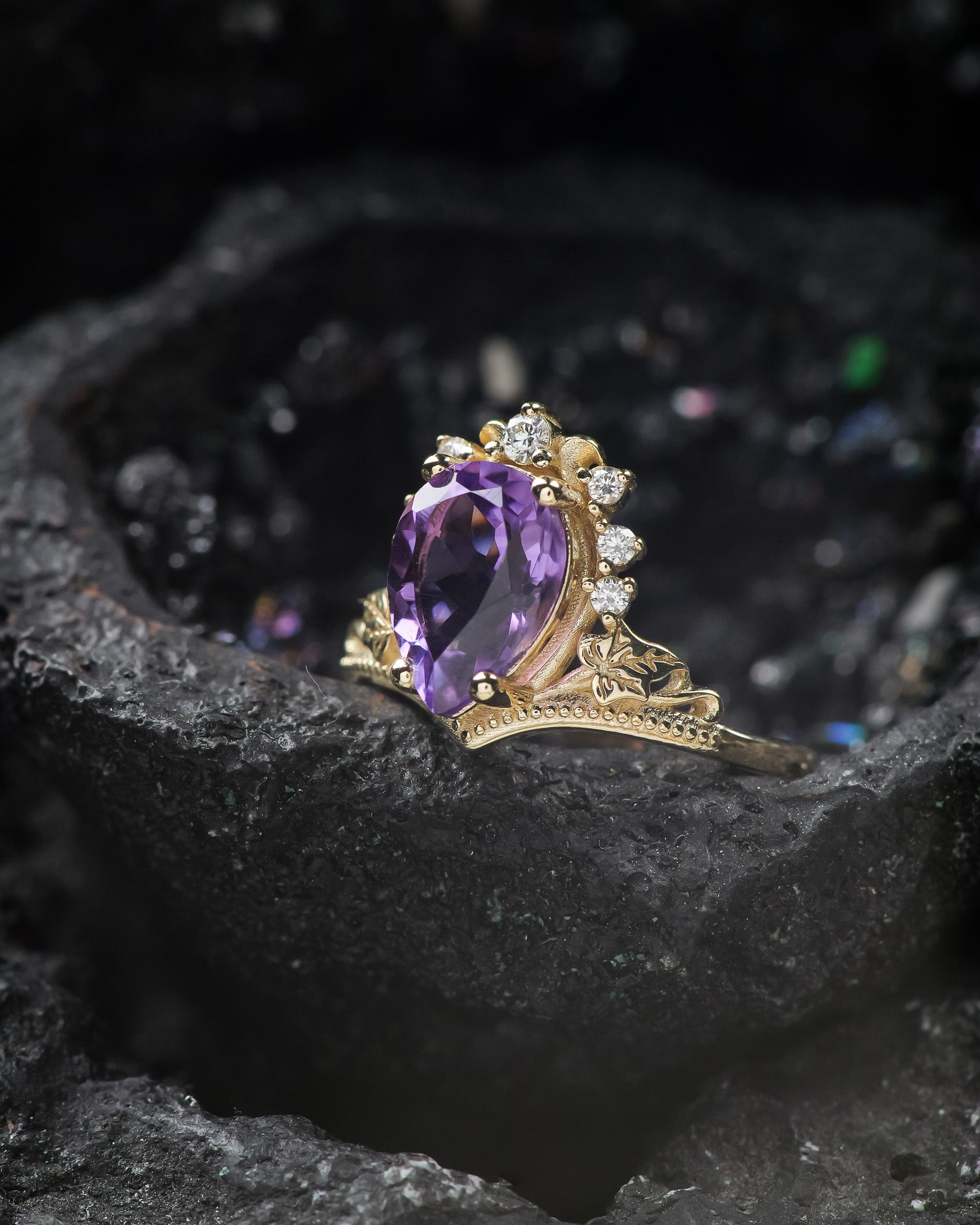 Amethyst and diamonds engagement ring, big pear gemstone gold ring / Ariadne - Eden Garden Jewelry™
