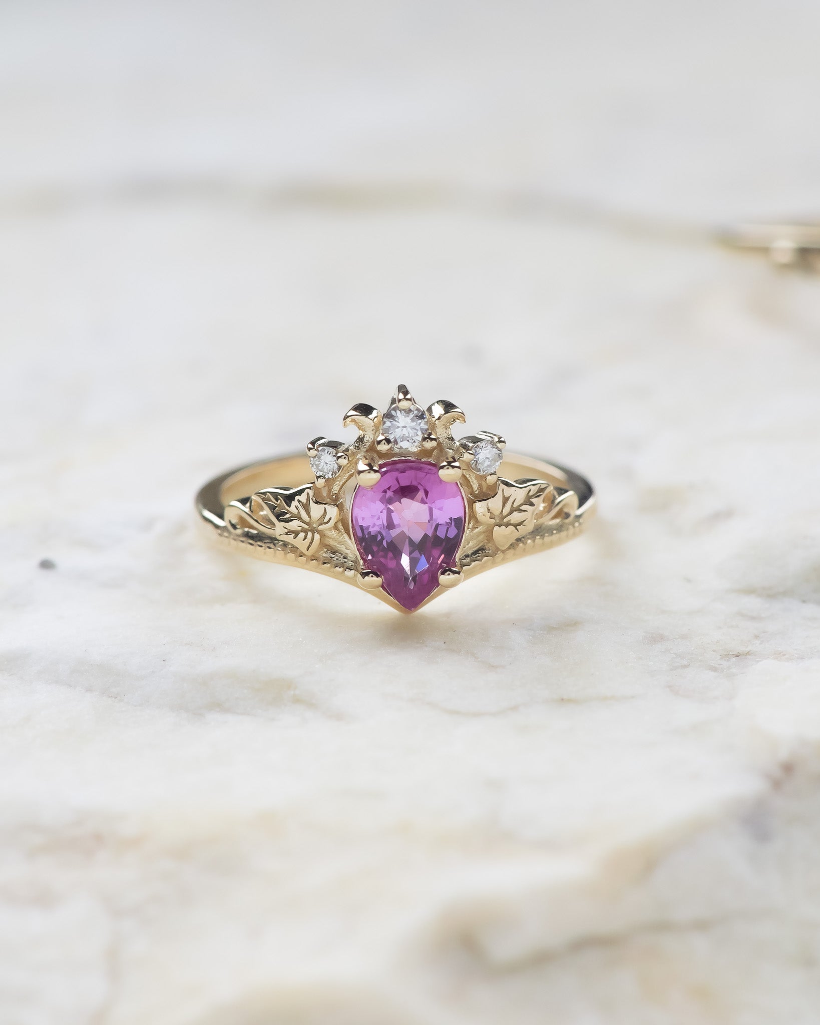 Delicate pink sapphire and golden leaves engagement ring / Ariadne - Eden Garden Jewelry™