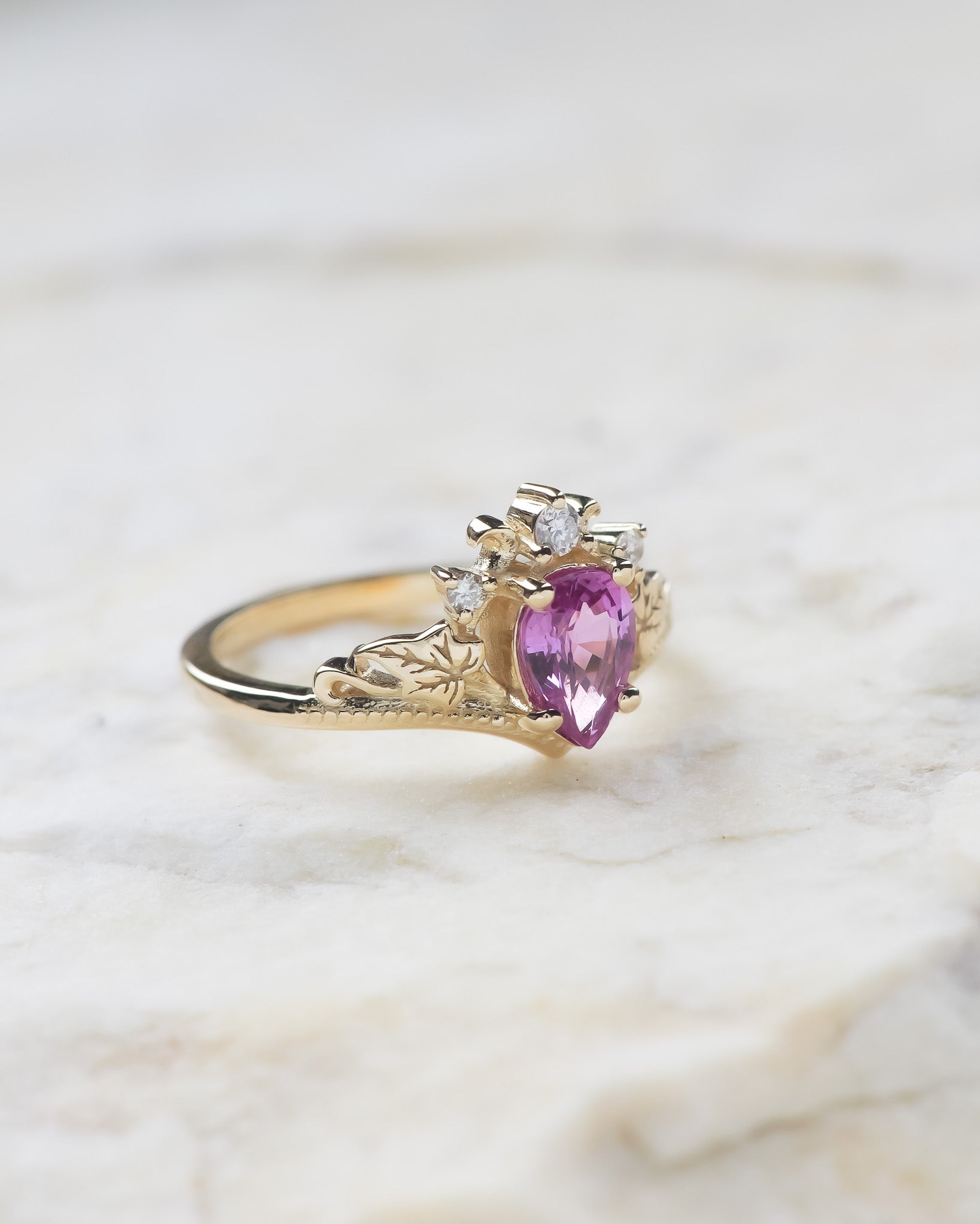 Delicate pink sapphire and golden leaves engagement ring / Ariadne - Eden Garden Jewelry™