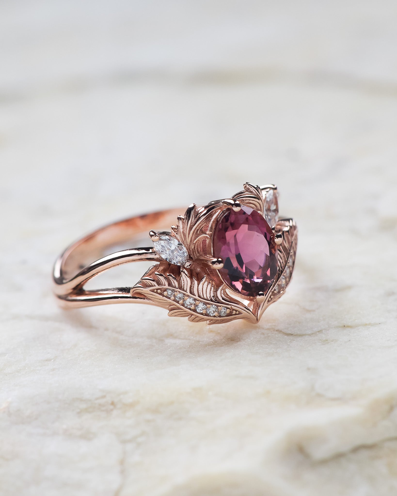 Bridal ring set with pink tourmaline and diamonds / Adonis - Eden Garden Jewelry™