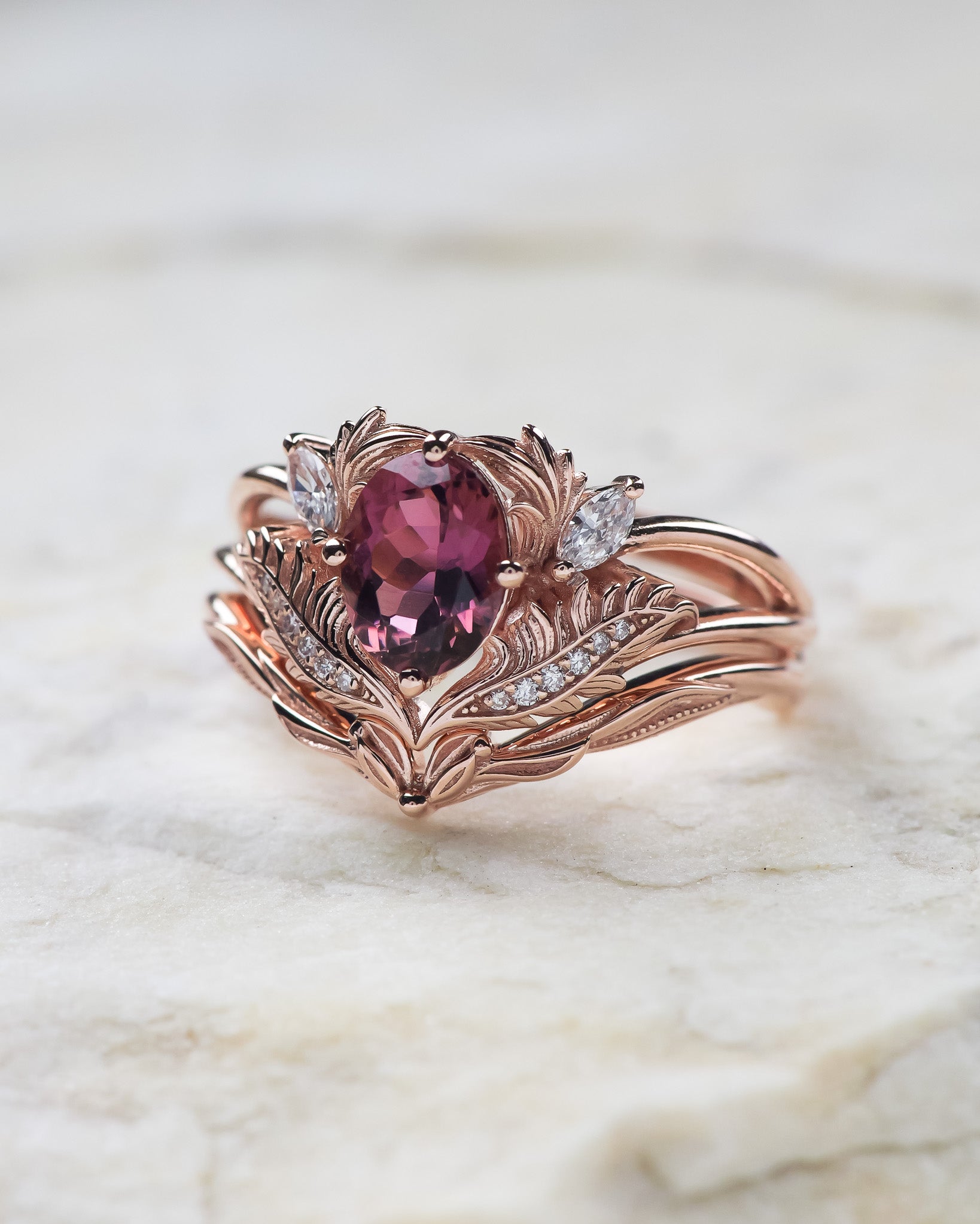 Bridal ring set with pink tourmaline and diamonds / Adonis - Eden Garden Jewelry™
