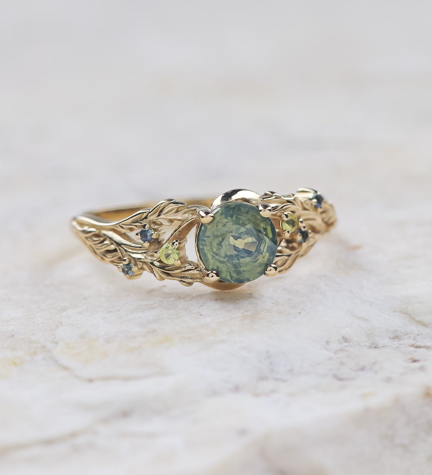 READY TO SHIP: Japanese Maple ring in 14K yellow gold, natural opalescent sapphire with accent sapphires, 6mm, RING SIZE 5.5 - 8.5 US - Eden Garden Jewelry™