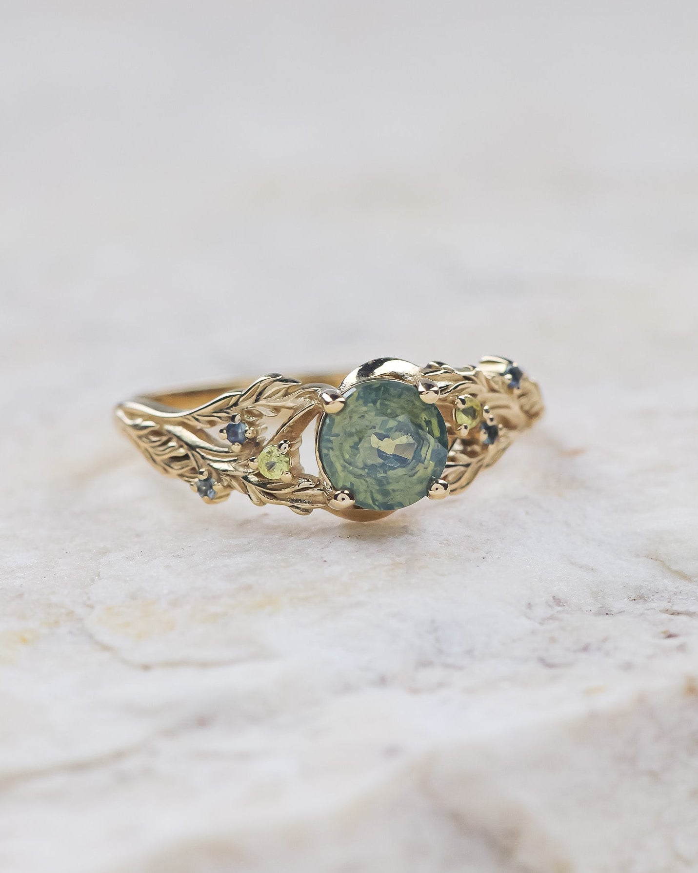 READY TO SHIP: Japanese Maple ring in 14K yellow gold, natural opalescent sapphire with accent sapphires, 6mm, RING SIZE 5.5 - 8.5 US - Eden Garden Jewelry™