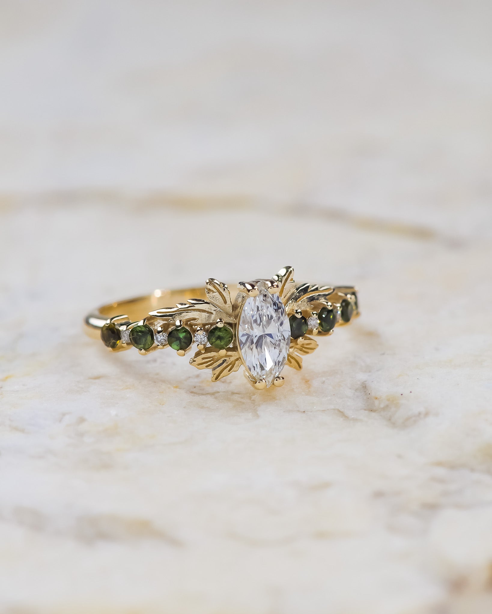 READY TO SHIP: Verbena ring in 14K yellow gold, lab-grown diamond marquise cut 8x4 mm, accent lab grown diamonds & green tourmalines, RING SIZE: 5.5 - 8.5 US - Eden Garden Jewelry™