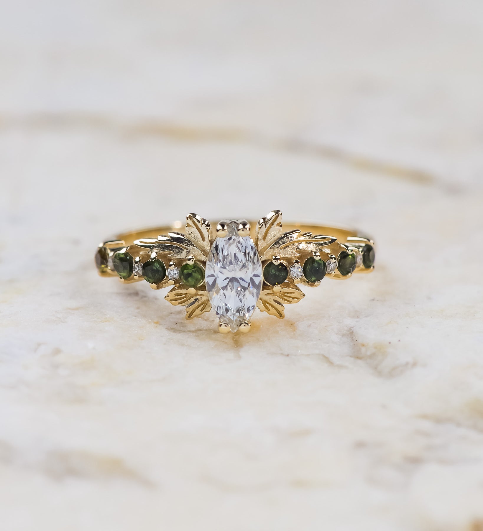READY TO SHIP: Verbena ring in 14K yellow gold, lab-grown diamond marquise cut 8x4 mm, accent lab grown diamonds & green tourmalines, RING SIZE: 5.5 - 8.5 US - Eden Garden Jewelry™
