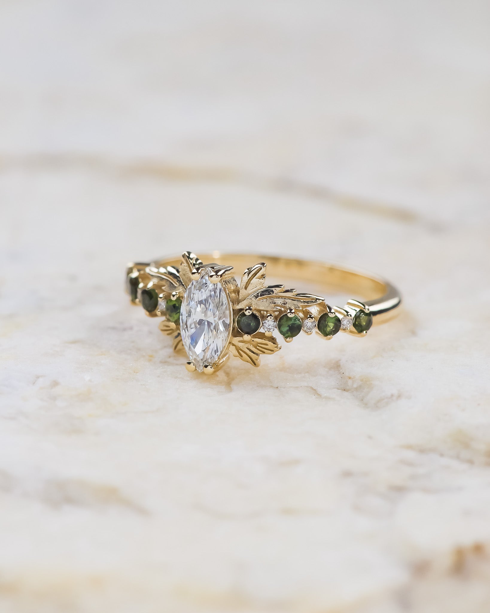 READY TO SHIP: Verbena ring in 14K yellow gold, lab-grown diamond marquise cut 8x4 mm, accent lab grown diamonds & green tourmalines, RING SIZE: 5.5 - 8.5 US - Eden Garden Jewelry™