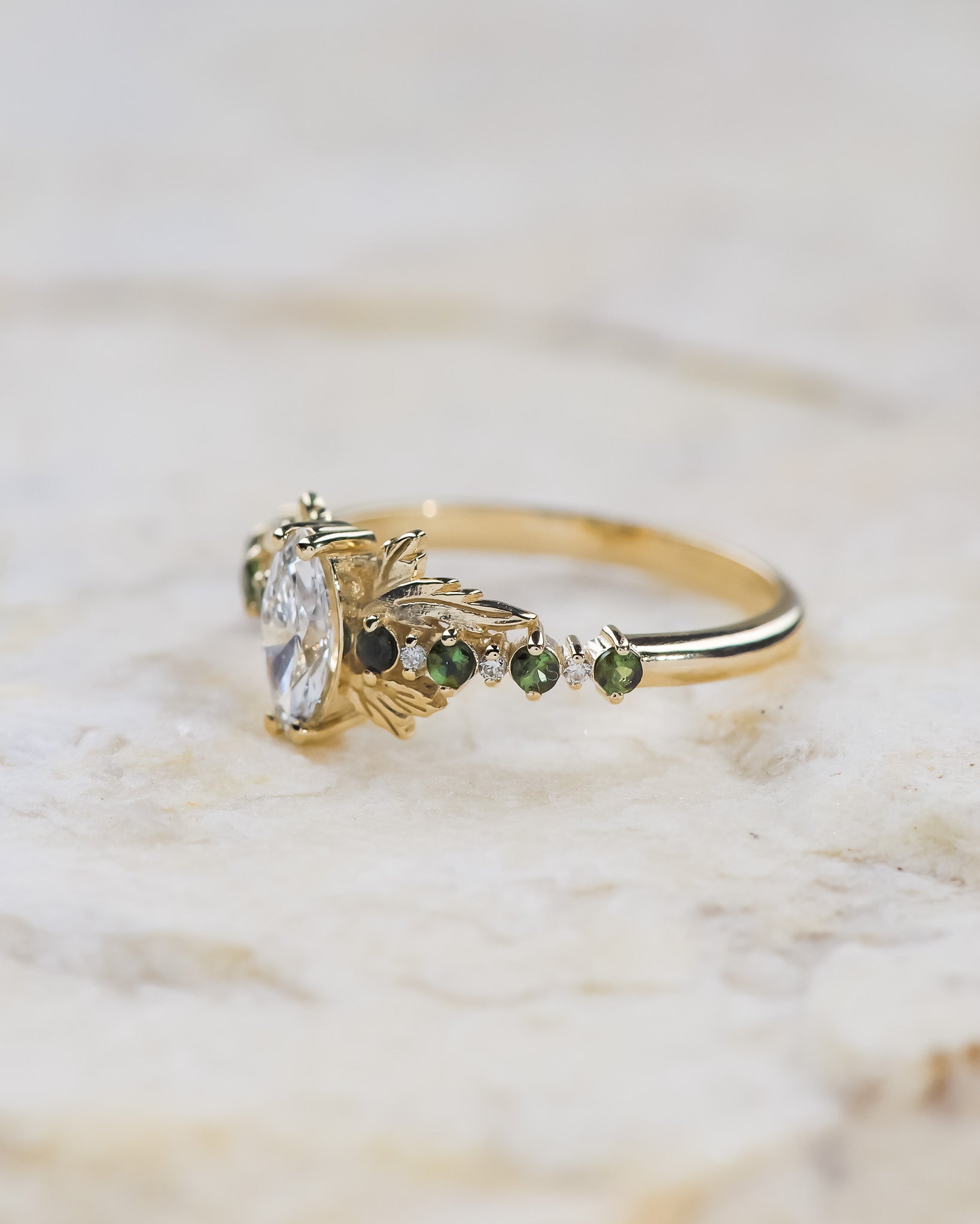 READY TO SHIP: Verbena ring in 14K yellow gold, lab-grown diamond marquise cut 8x4 mm, accent lab grown diamonds & green tourmalines, RING SIZE: 5.5 - 8.5 US - Eden Garden Jewelry™