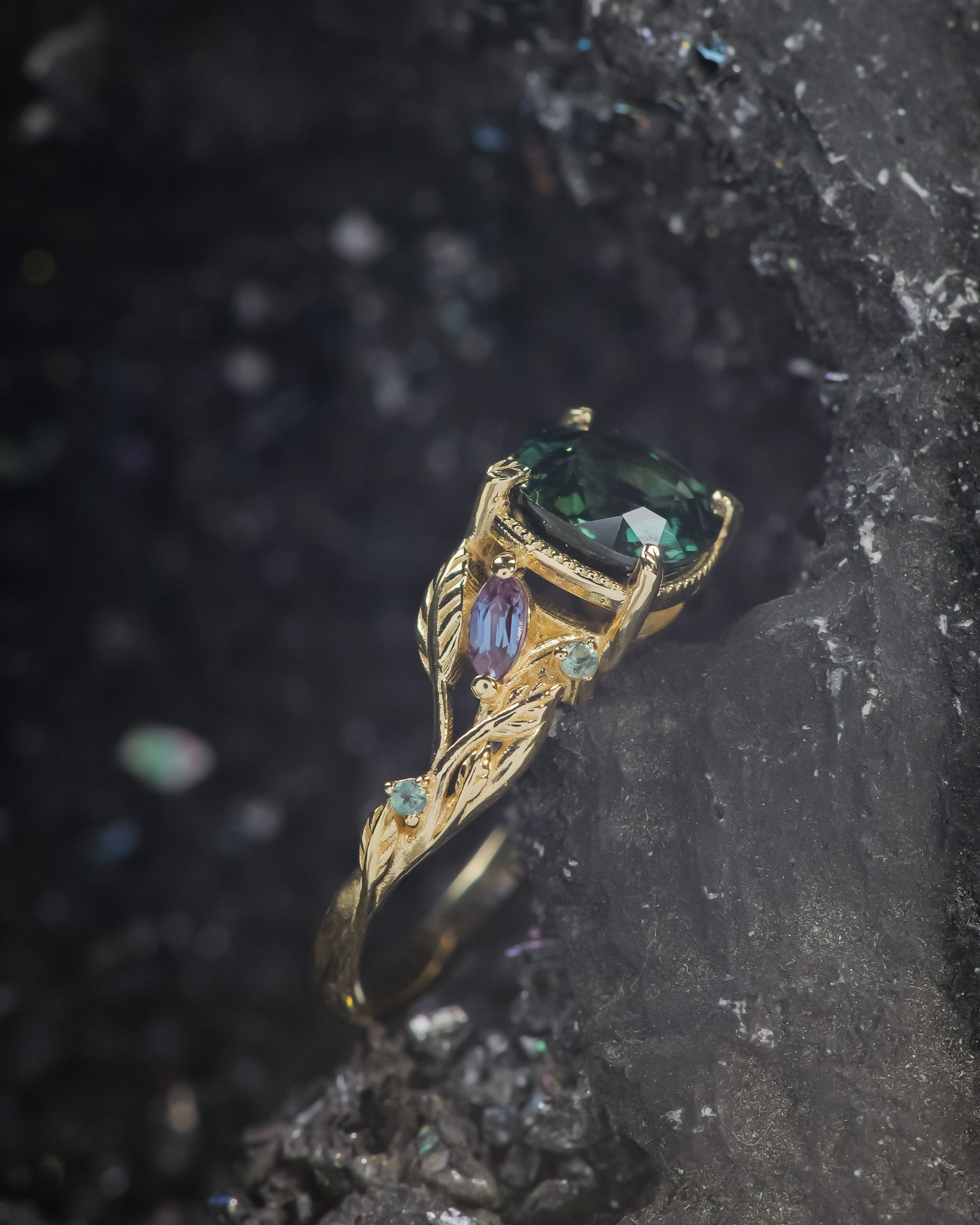READY TO SHIP: Patricia ring in 14K yellow gold, cushion cut teal sapphire with accent alexandrites, AVAILABLE RING SIZES: 5.5 - 8.5 US - Eden Garden Jewelry™
