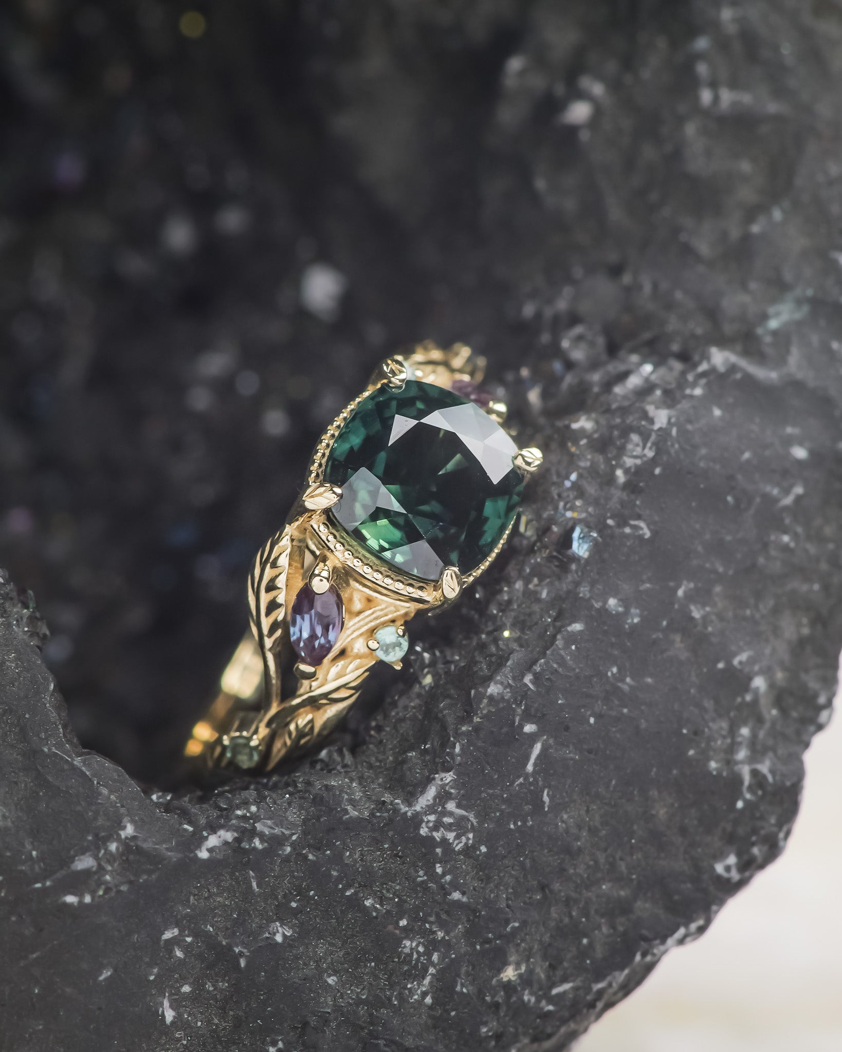 READY TO SHIP: Patricia ring in 14K yellow gold, cushion cut teal sapphire with accent alexandrites, AVAILABLE RING SIZES: 5.5 - 8.5 US - Eden Garden Jewelry™