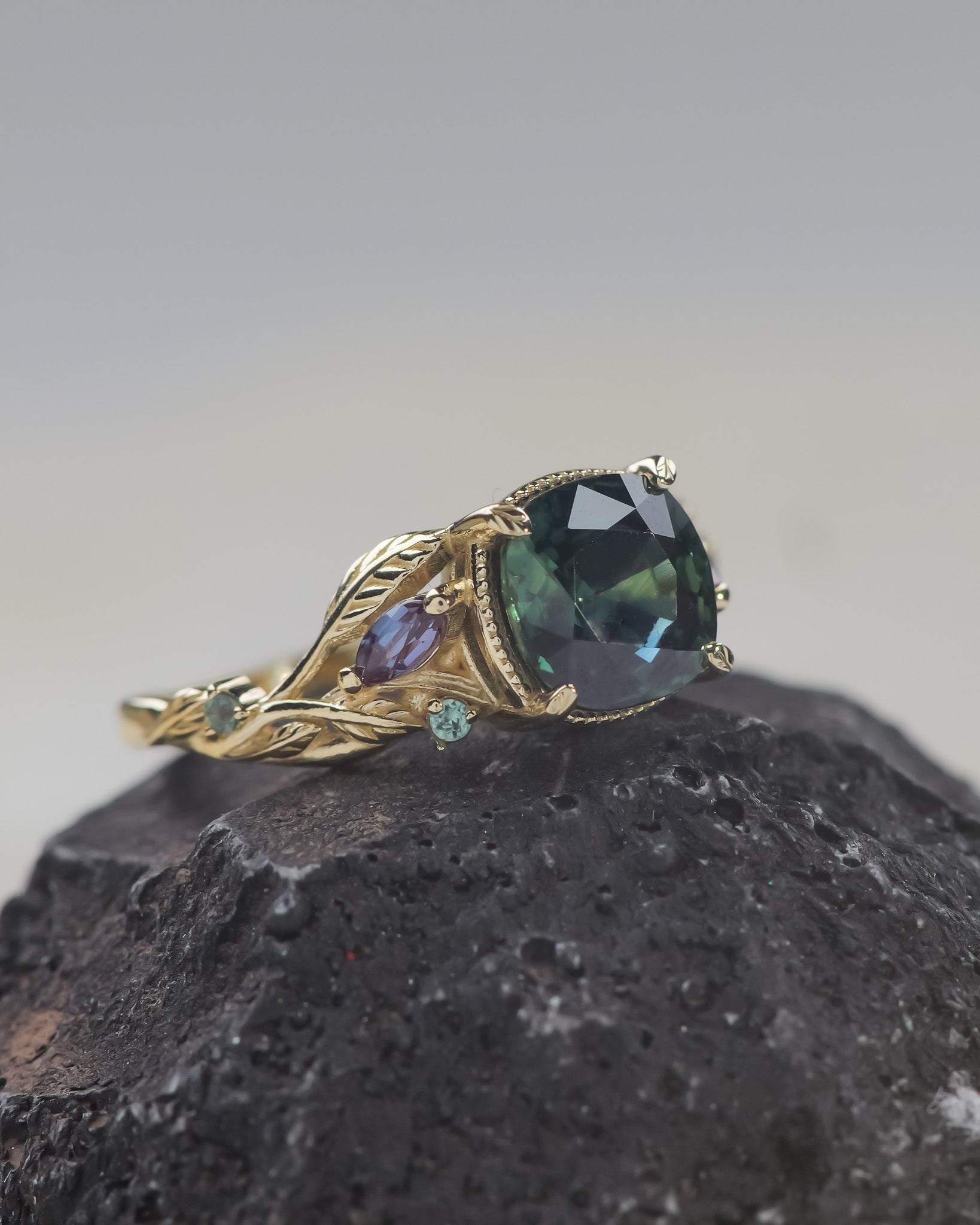 READY TO SHIP: Patricia ring in 14K yellow gold, cushion cut teal sapphire with accent alexandrites, AVAILABLE RING SIZES: 5.5 - 8.5 US - Eden Garden Jewelry™