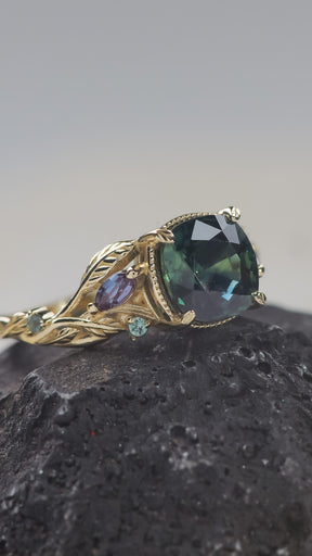 READY TO SHIP: Patricia ring in 14K yellow gold, cushion cut teal sapphire with accent alexandrites, AVAILABLE RING SIZES: 5.5 - 8.5 US - Eden Garden Jewelry™