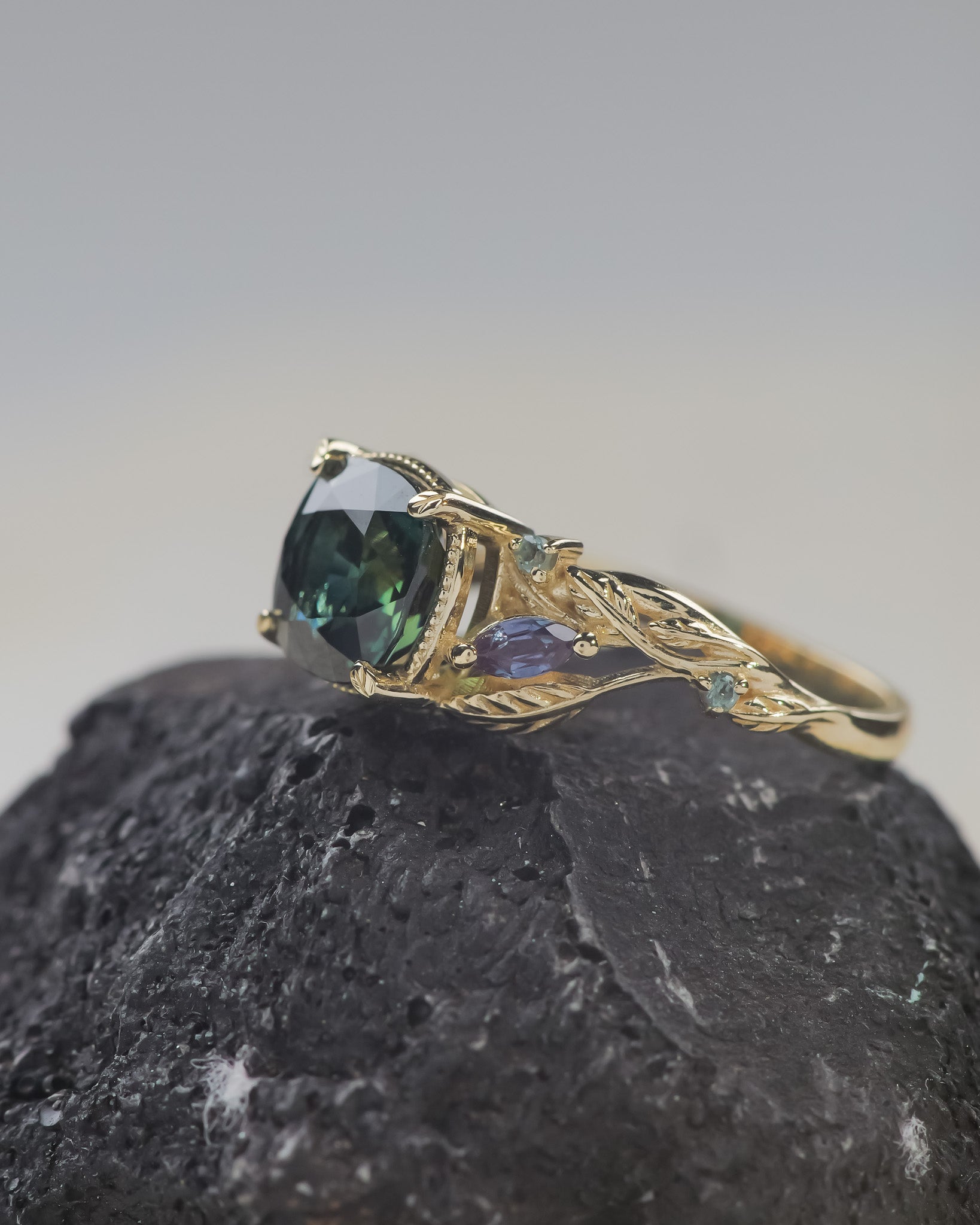 READY TO SHIP: Patricia ring in 14K yellow gold, cushion cut teal sapphire with accent alexandrites, AVAILABLE RING SIZES: 5.5 - 8.5 US - Eden Garden Jewelry™