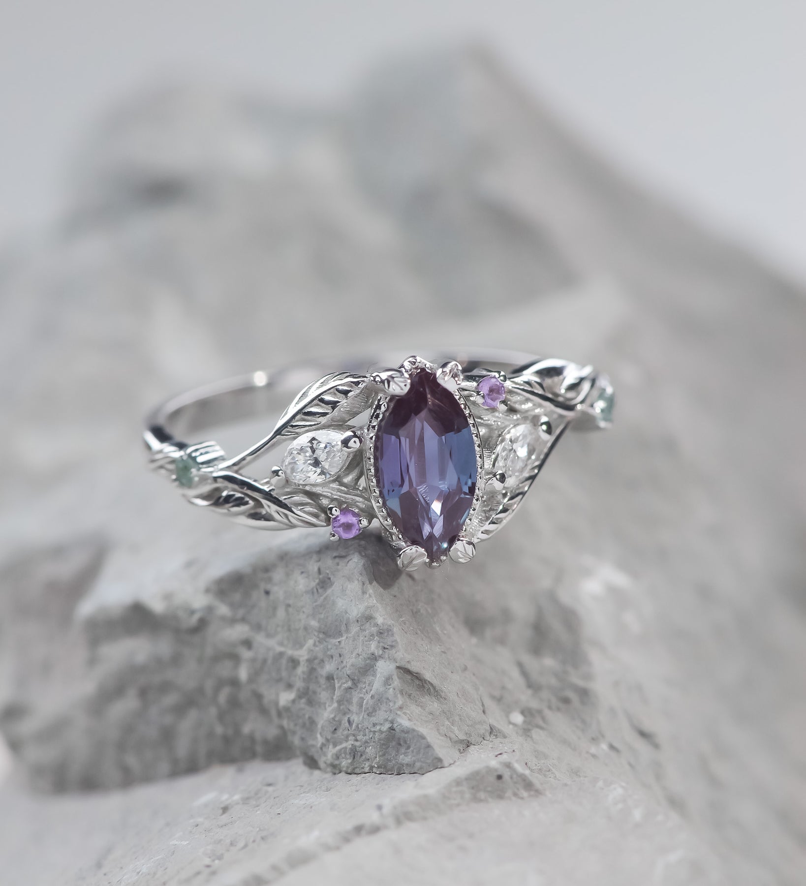 READY TO SHIP: Patricia ring in 14K white gold, marquise-cut alexandrite 8x4 mm, accent amethysts, alexandrites and diamonds, AVAILABLE RING SIZES: 5.5 - 8.5 US - Eden Garden Jewelry™