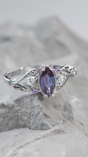 READY TO SHIP: Patricia ring in 14K white gold, marquise-cut alexandrite 8x4 mm, accent amethysts, alexandrites and diamonds, AVAILABLE RING SIZES: 5.5 - 8.5 US - Eden Garden Jewelry™
