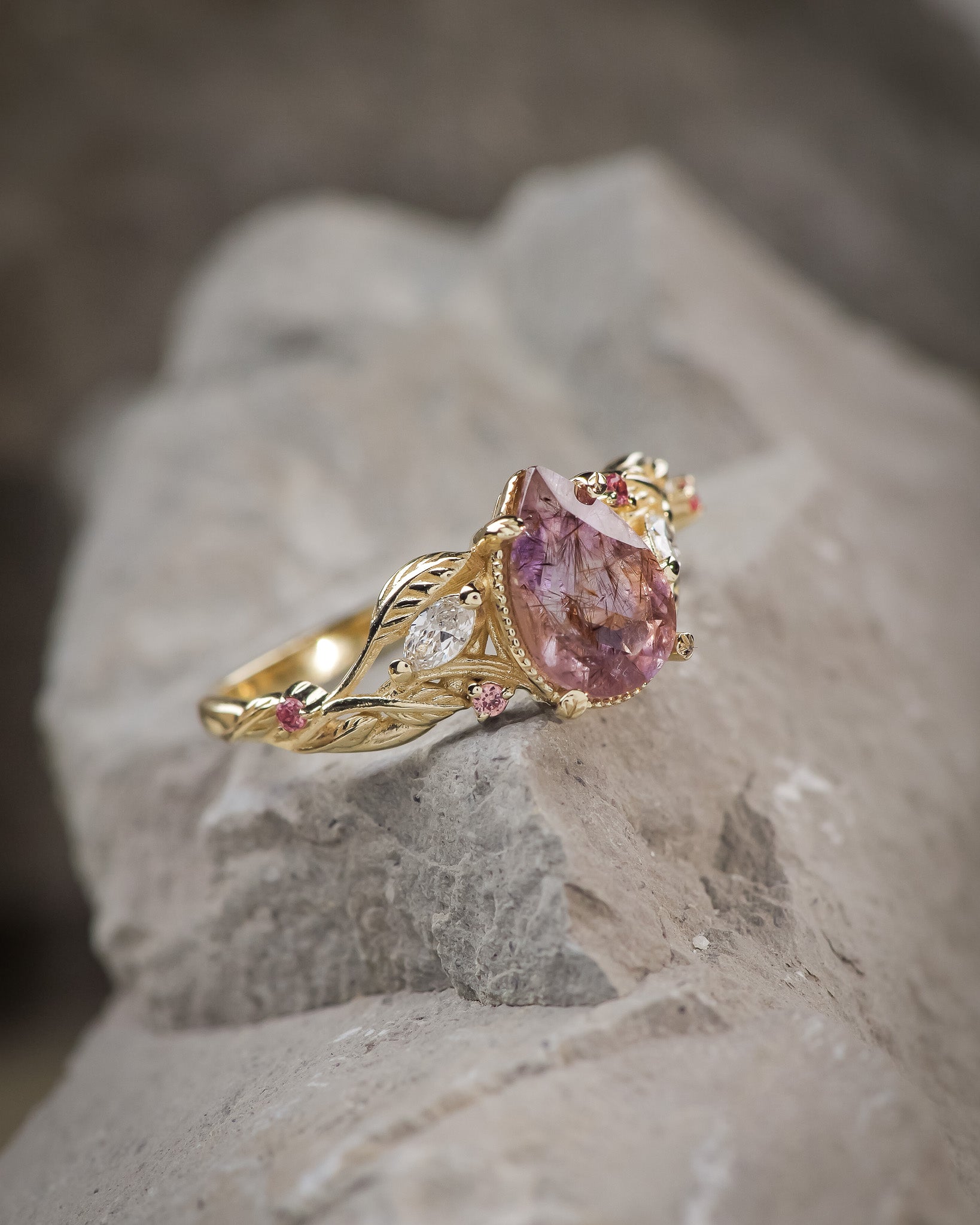 Unique melody quartz engagement ring with diamonds and sapphires / Patricia - Eden Garden Jewelry™