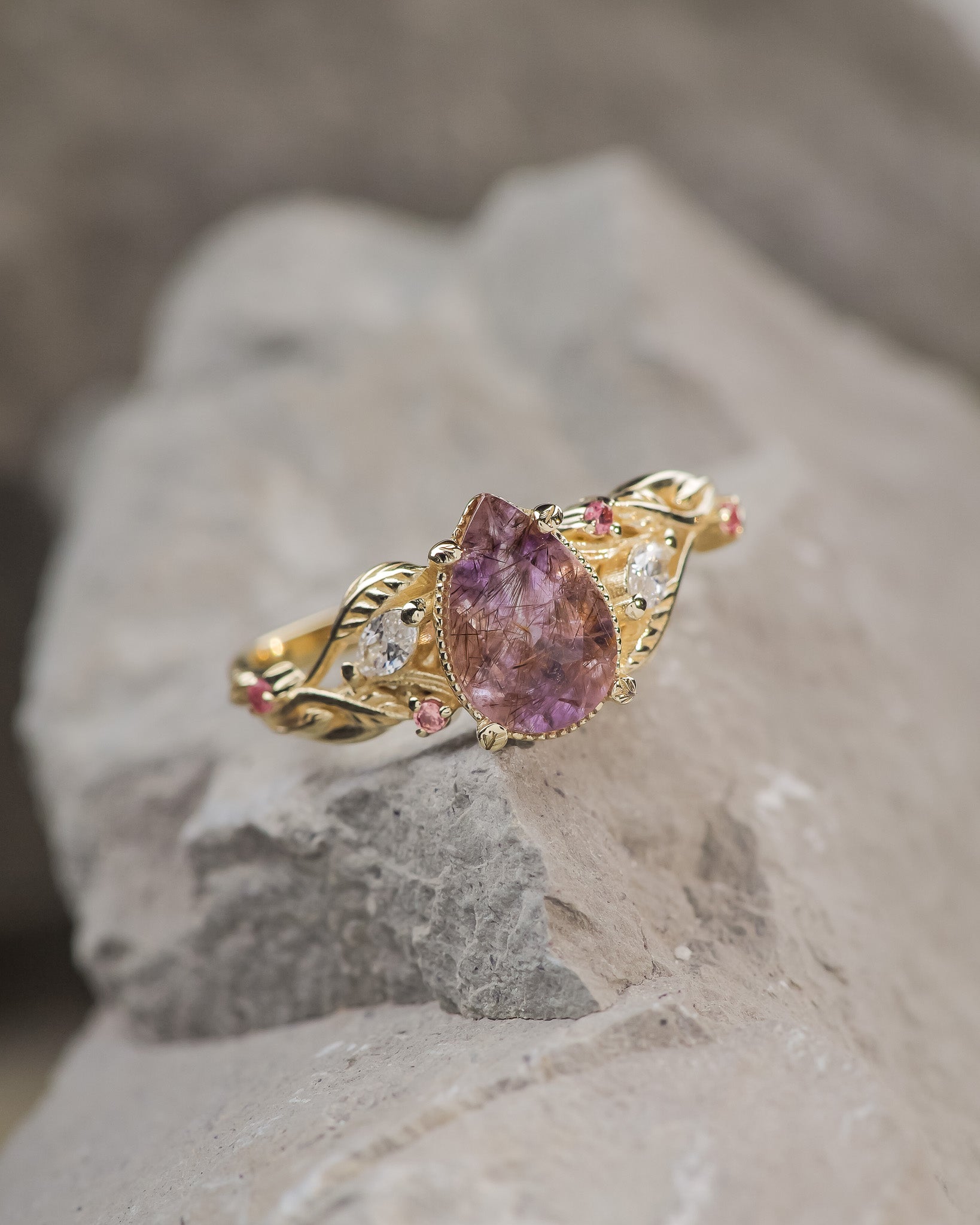 READY TO SHIP: Patricia ring in 14K yellow gold, natural melody quartz 9x7 mm, accent lab grown diamonds & natural sapphires, AVAILABLE RING SIZES: 5.5 - 8.5 US - Eden Garden Jewelry™