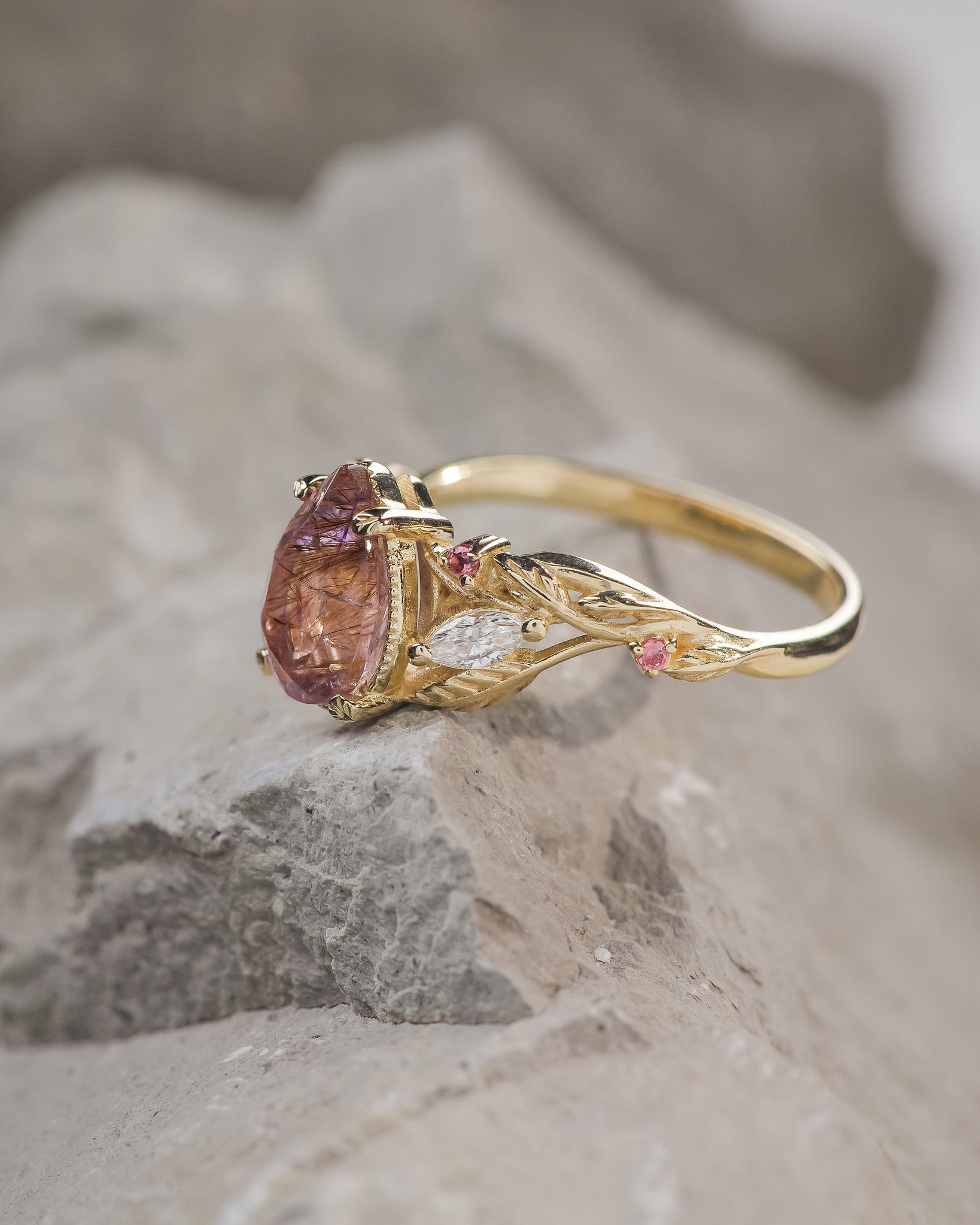 Unique melody quartz engagement ring with diamonds and sapphires / Patricia - Eden Garden Jewelry™