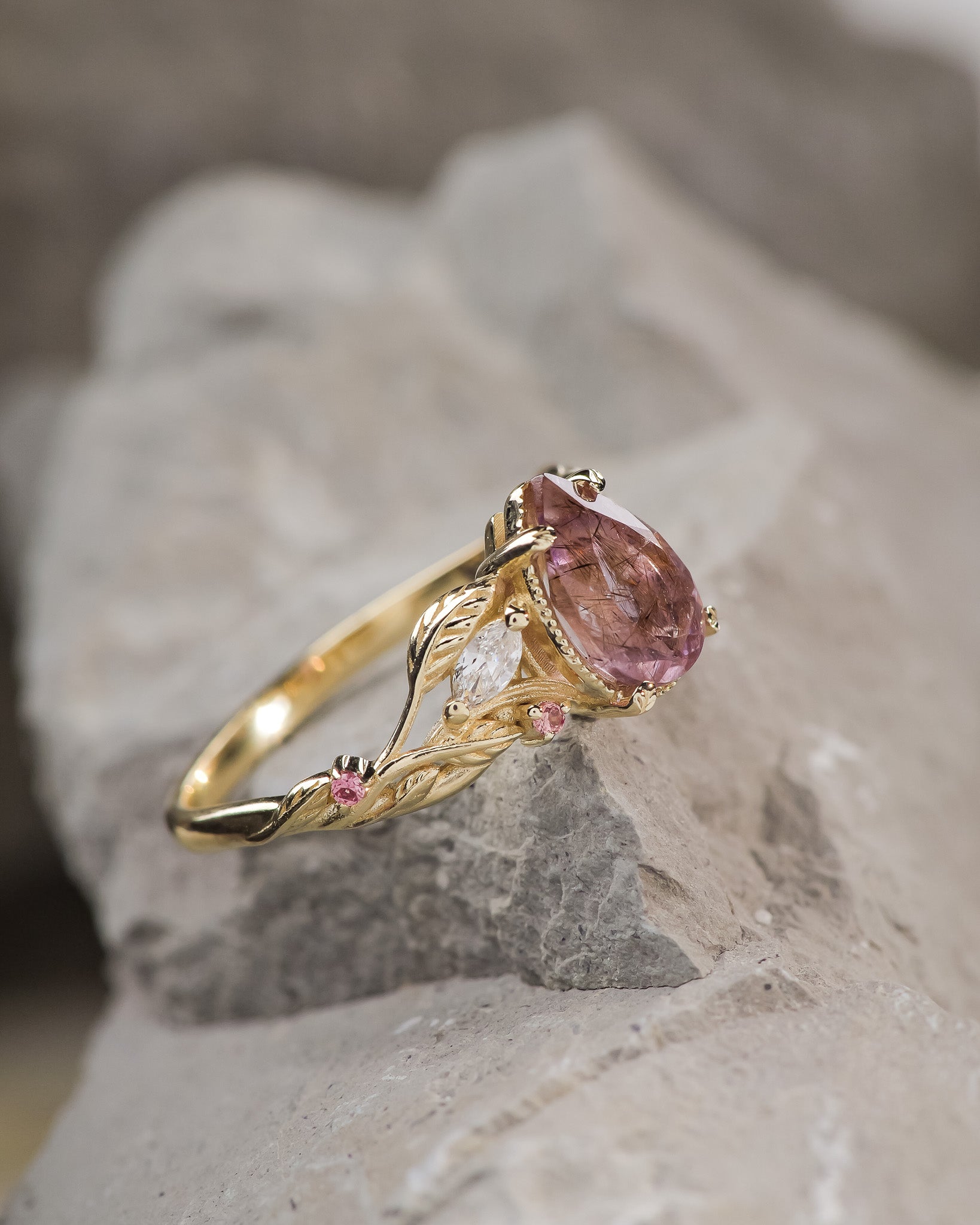 READY TO SHIP: Patricia ring in 14K yellow gold, natural melody quartz 9x7 mm, accent lab grown diamonds & natural sapphires, AVAILABLE RING SIZES: 5.5 - 8.5 US - Eden Garden Jewelry™