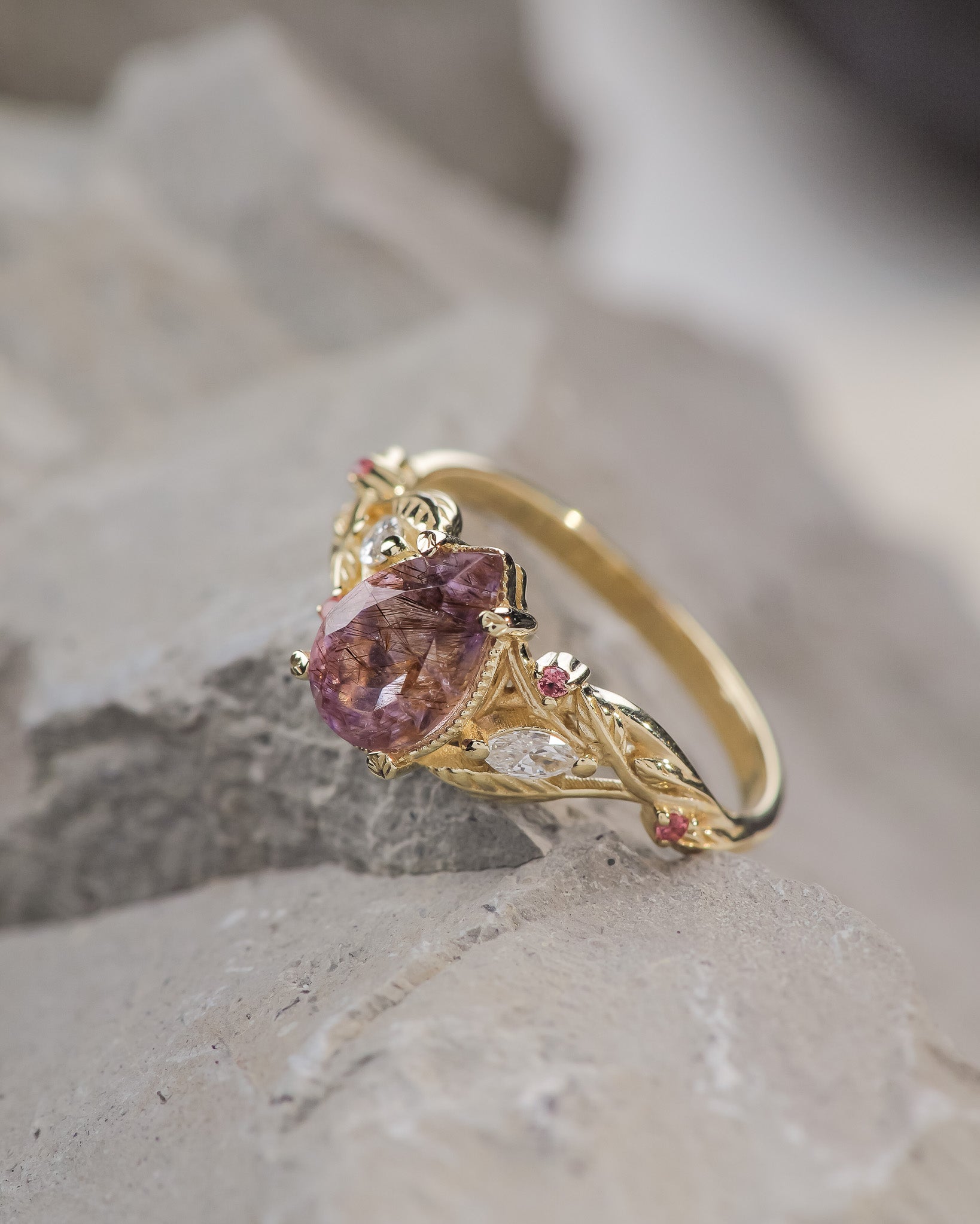 READY TO SHIP: Patricia ring in 14K yellow gold, natural melody quartz 9x7 mm, accent lab grown diamonds & natural sapphires, AVAILABLE RING SIZES: 5.5 - 8.5 US - Eden Garden Jewelry™