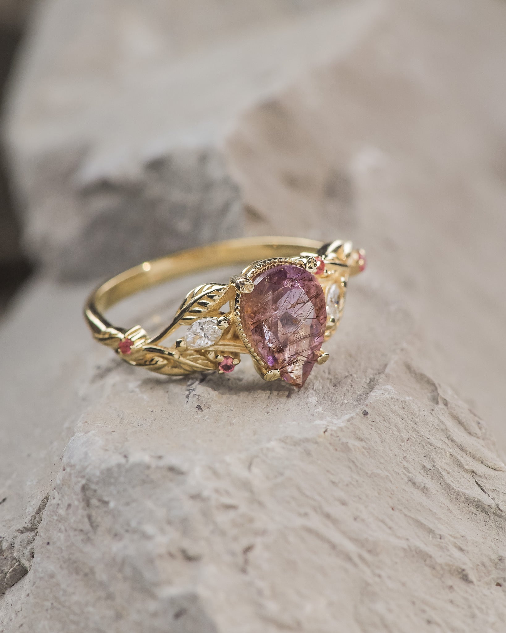 Unique melody quartz engagement ring with diamonds and sapphires / Patricia - Eden Garden Jewelry™
