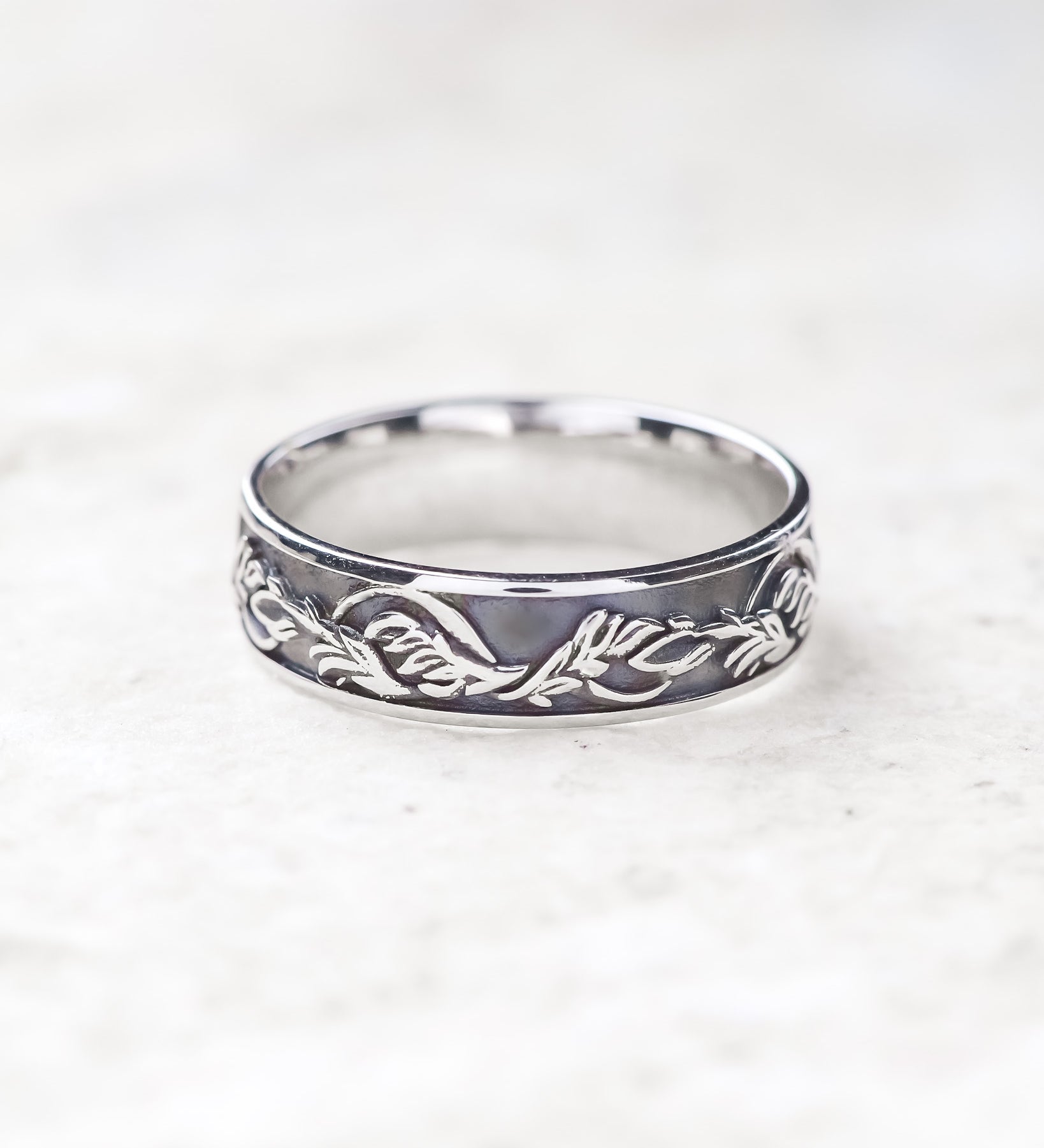 White Gold Leaf Wedding Band for Man, Nature Wedding Rings 14K