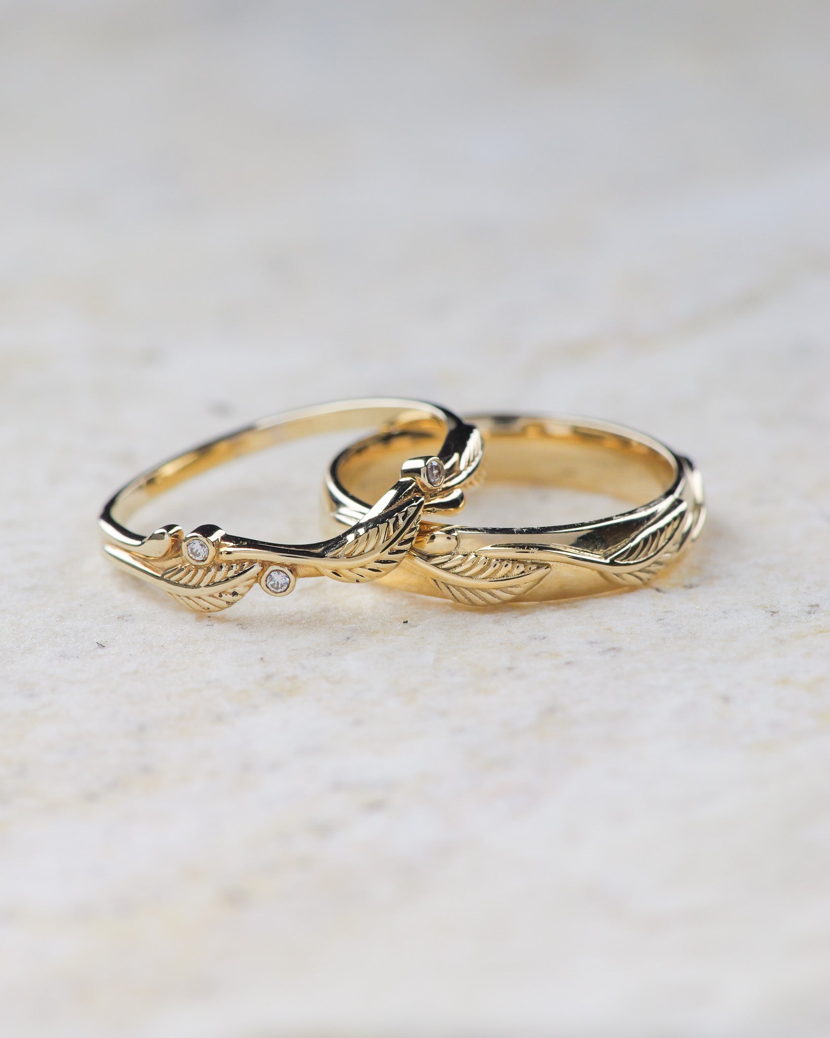 Golden leaves wedding bands set for a couple / Azalea - Eden Garden Jewelry™