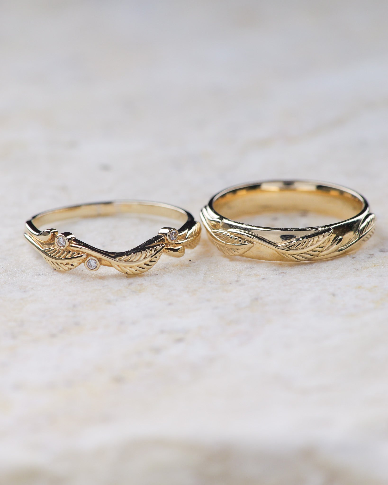 Golden leaves wedding bands set for a couple / Azalea - Eden Garden Jewelry™