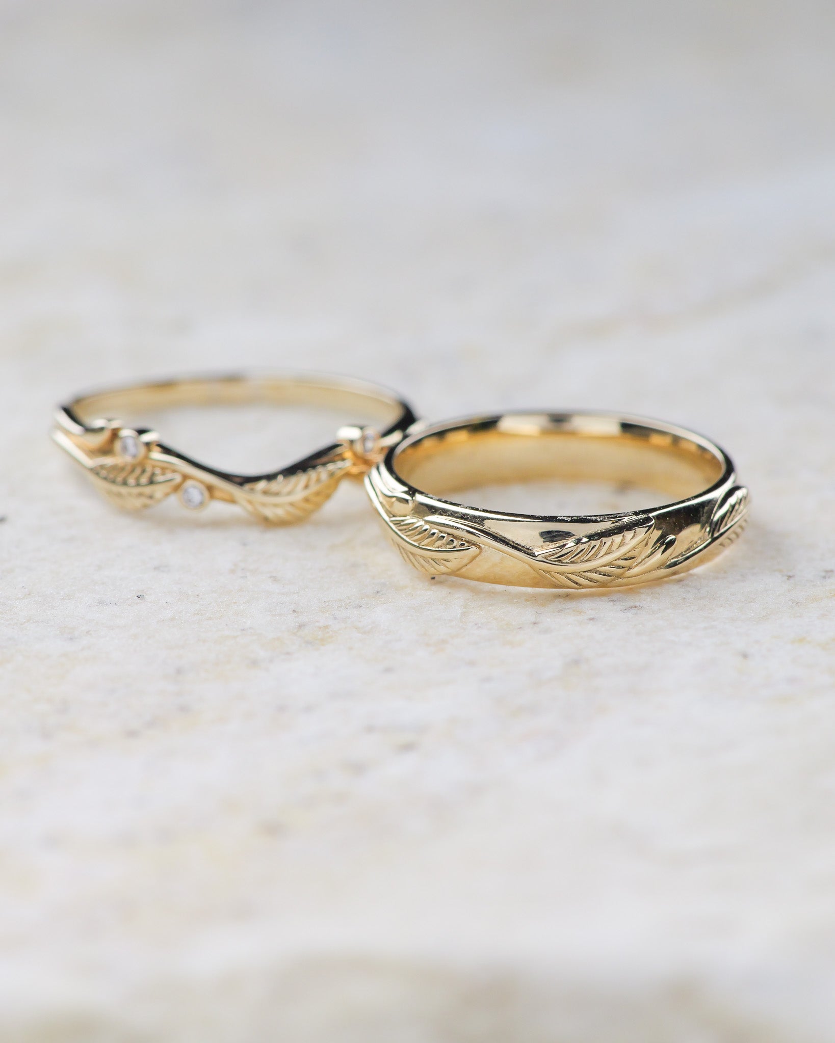 Golden leaves wedding bands set for a couple / Azalea - Eden Garden Jewelry™