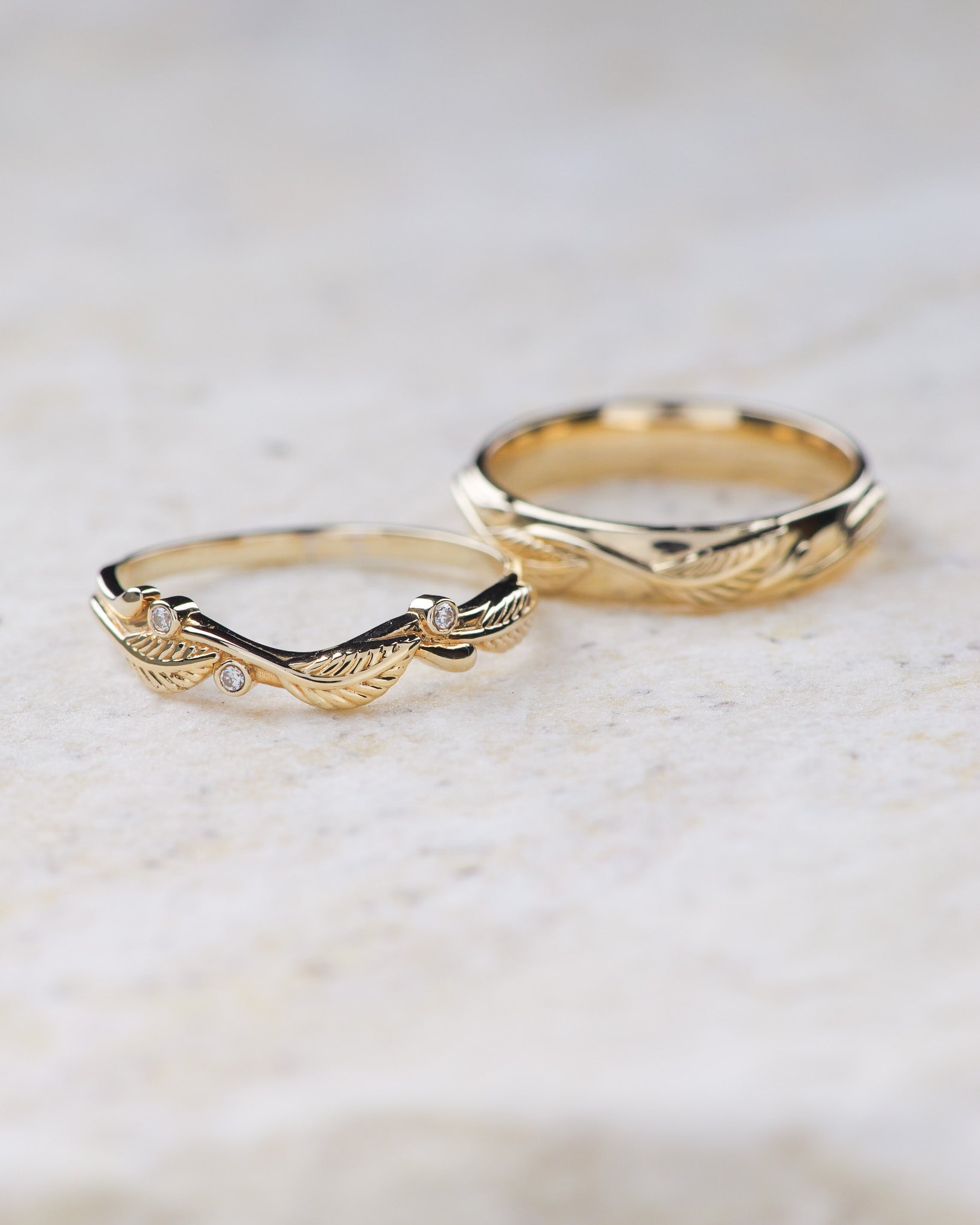 Golden leaves wedding bands set for a couple / Azalea - Eden Garden Jewelry™